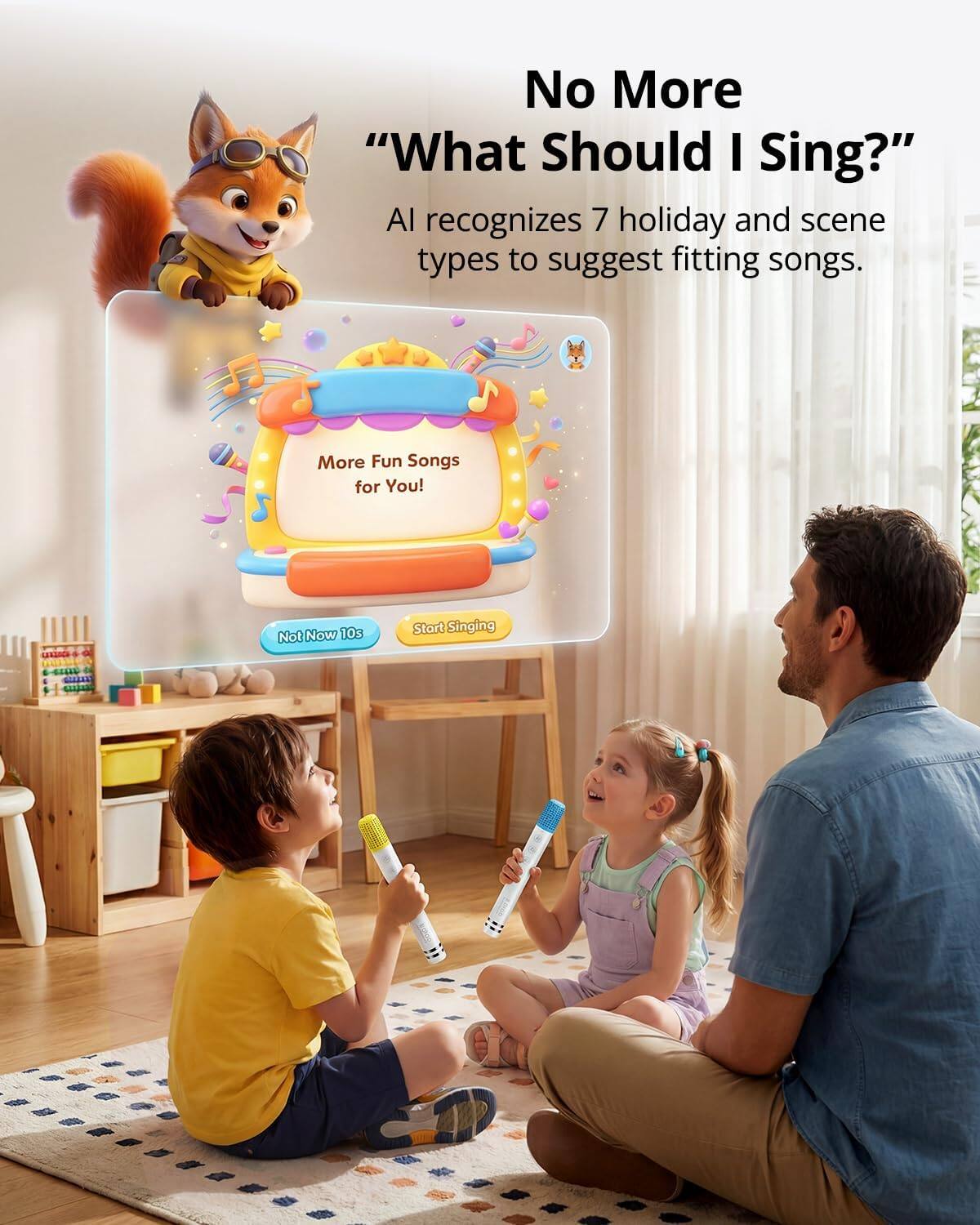 No More "What Should I Sing?"  
AI recognizes 7 holiday and scene types to suggest fitting songs.  
More Fun Songs for You!  
CATO  
Not Now 10s  
Start Singing  
5-634442 GEARNET