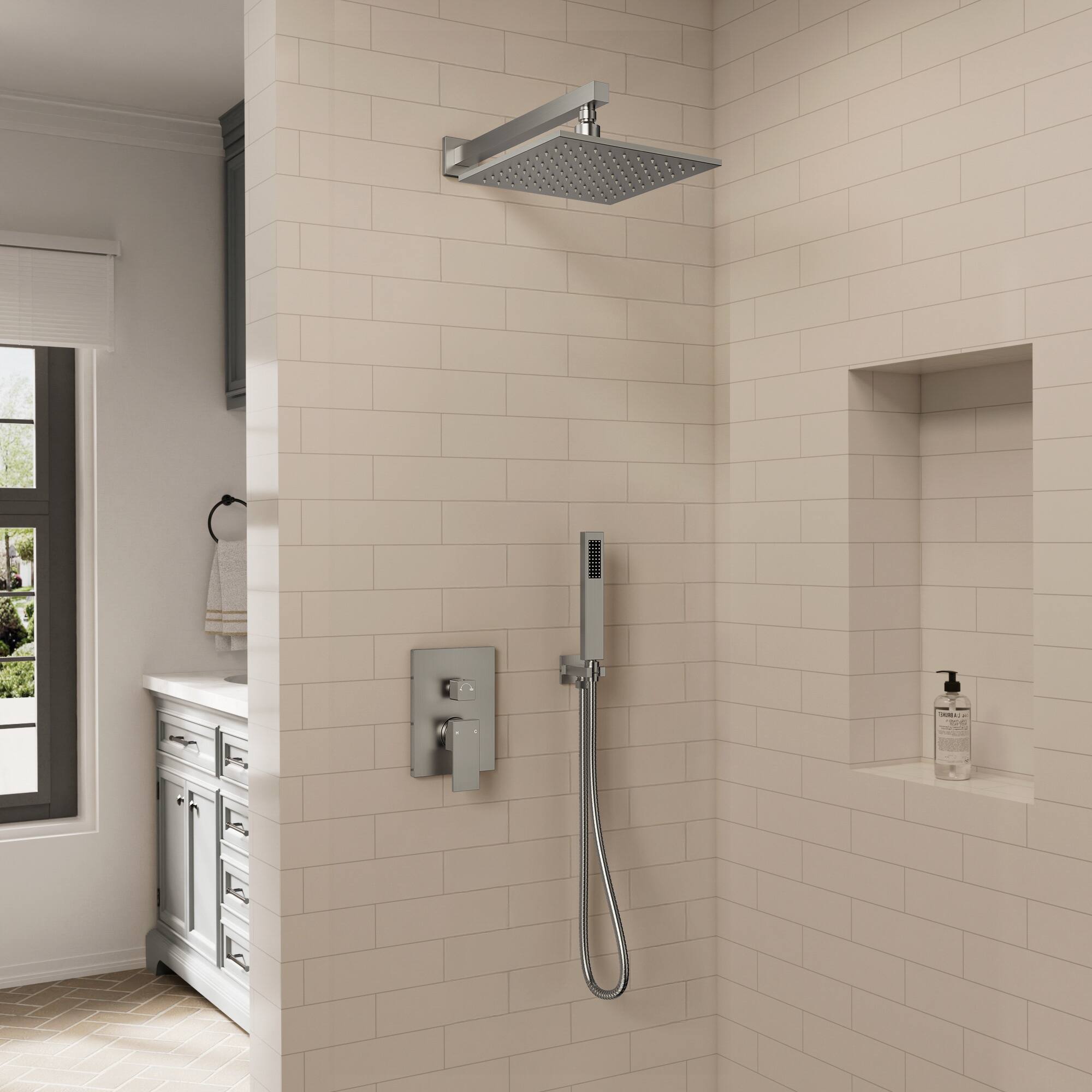 Angle. GRANDJOY - LED Rainfall Dual Function Shower System with Pressure Balance Valve - Brushed Nickel.