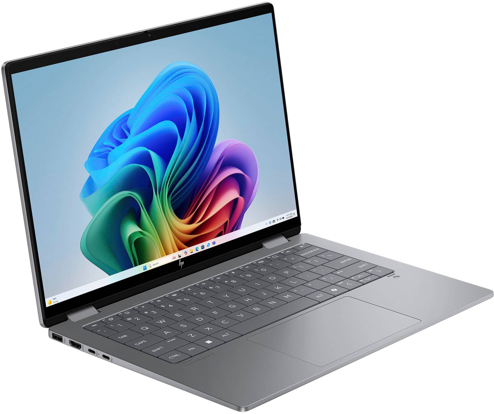 The image shows a laptop computer with a colorful background displayed on the screen. The laptop has a keyboard and a touchpad, and it is positioned on a white background. The screen is turned on, and the laptop appears to be ready for use.