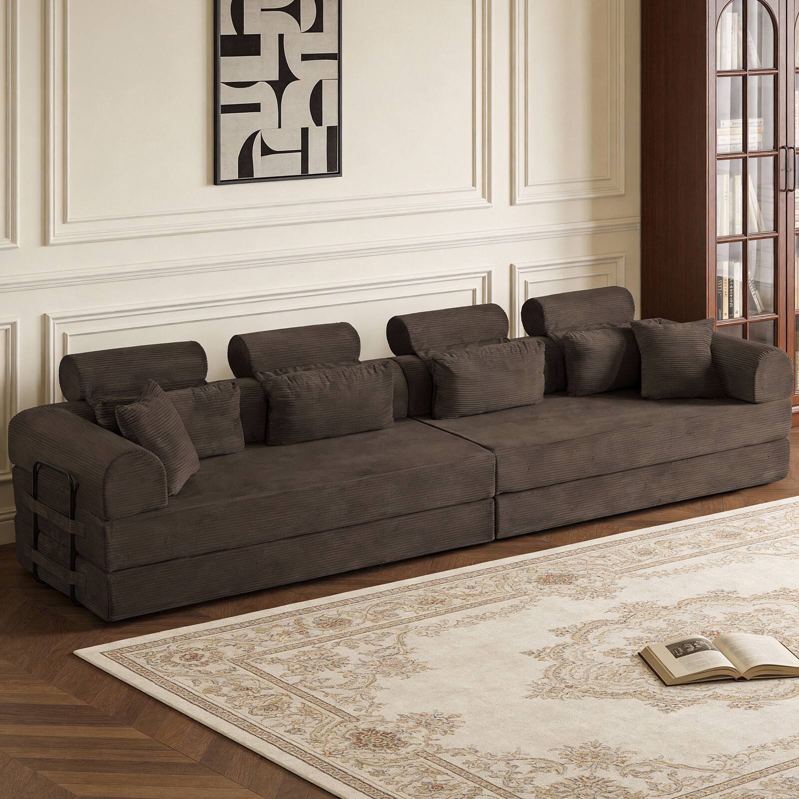 Back. Anysun - L-Shape Corduroy Modular Sectional Sofa - Minimalist Compressed Design, Unfolds into Bed, Space-Efficient - Brown.