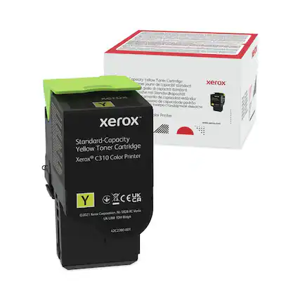 Sure, here is the corrected and grouped text:
---
**Standard-Capacity Yellow Toner Cartridge**
- **Xerox® C310 Color Printer**
- **Xerox® Corporation, NL-5928 RC Venlo**
- **UK-UBB 1DH Bldg4**
- **42C2390-001**
**Capacity Yellow Toner Cartridge**
- **Toner jaune de capacité standard**
- **giallo di capacità standard**
- **amarillo de capacidad estándar**
- **Standardkapazität**
- **rojo estándar**
- **marro de capacidad estándar**
**Color Printer**
- **www.xerox.com**
**CE**
- **UK**
- **NL**
- **BC**
- **Venlo**
- **2021**
---
This text is grouped and corrected based on the image provided.