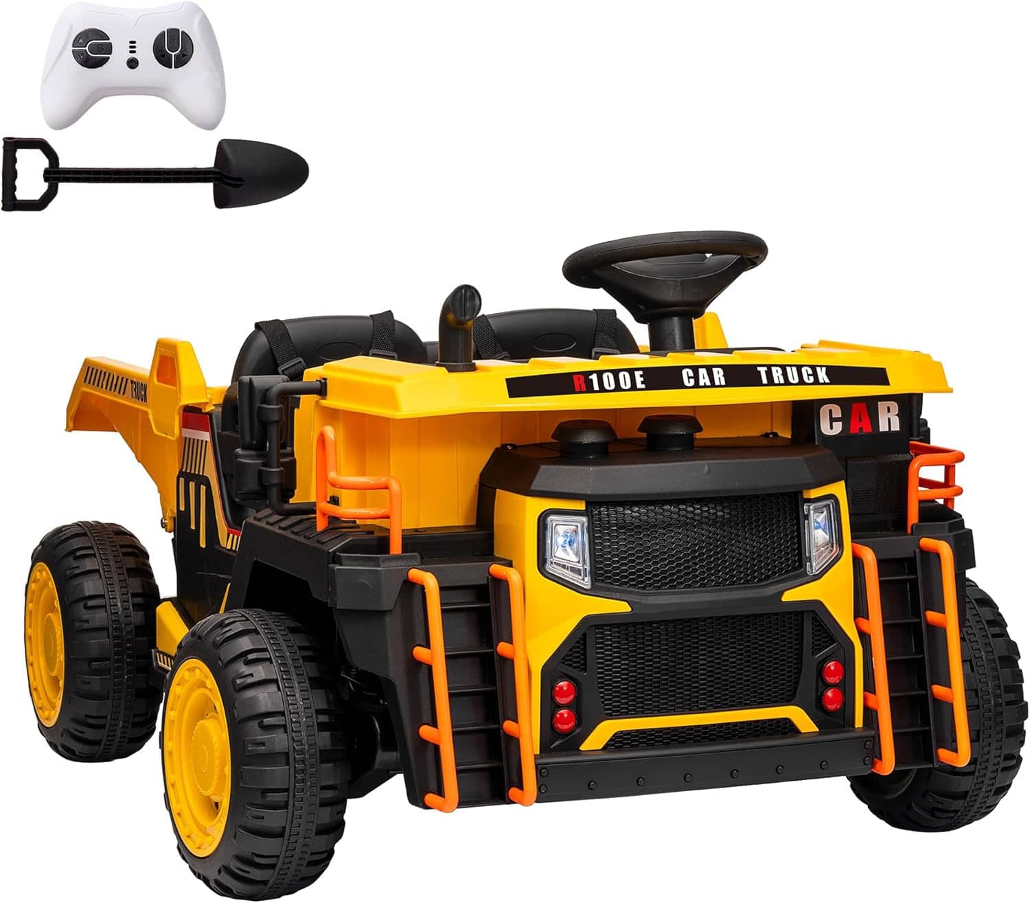 Qeetex - 2 Seater Ride On Dump Truck, 24V Ride On Car Toy with Remote Control,Electric Dump Bed and Extra Shovel - Yellow