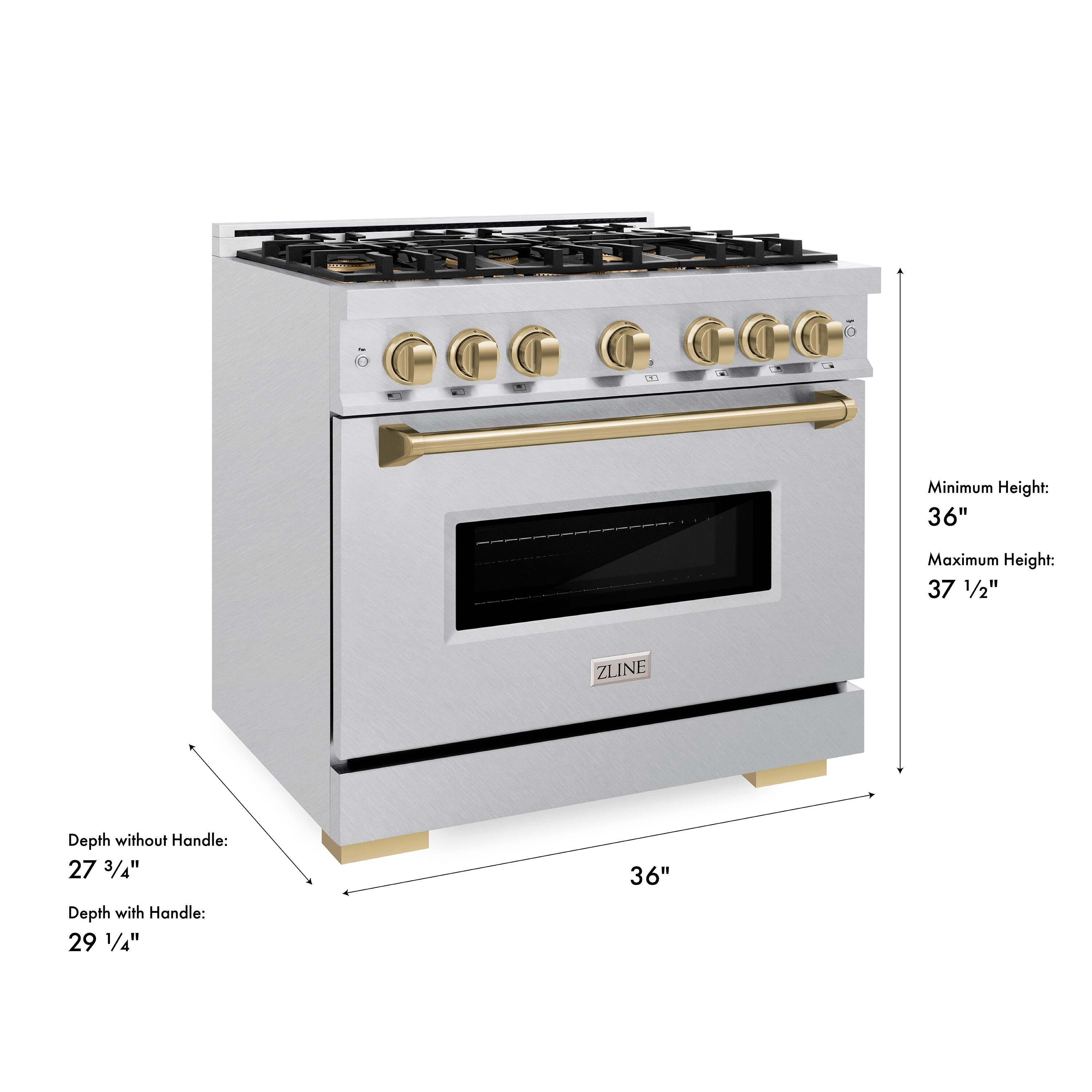 AAAN 1 CGCCCC  
Minimum Height: 36"  
Maximum Height: 37 1/2"  
ZLINE Depth without Handle: 27 3/4"  
Depth with Handle: 29 1/4"