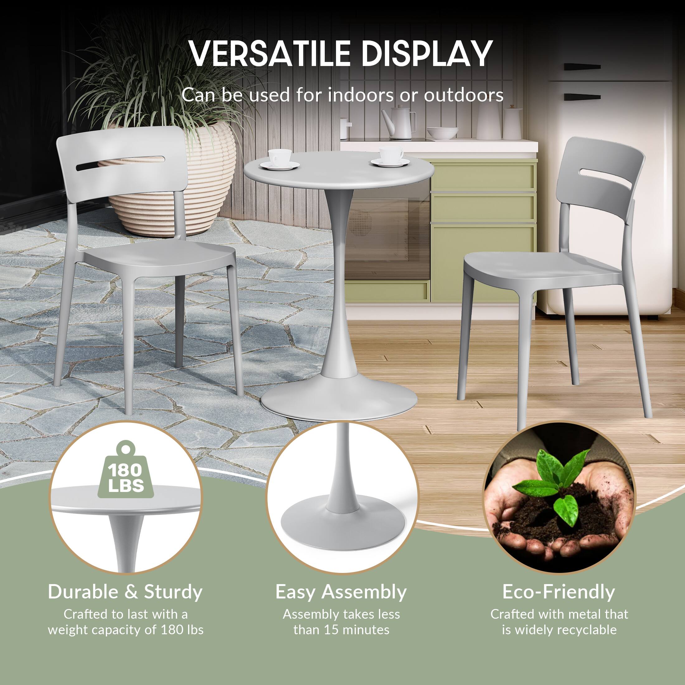 VERSATILE DISPLAY  
Can be used for indoors or outdoors  

180 LBS  
Durable & Sturdy  
Crafted to last with a weight capacity of 180 lbs  

Easy Assembly  
Assembly takes less than 15 minutes  

Eco-Friendly  
Crafted with metal that is widely recyclable