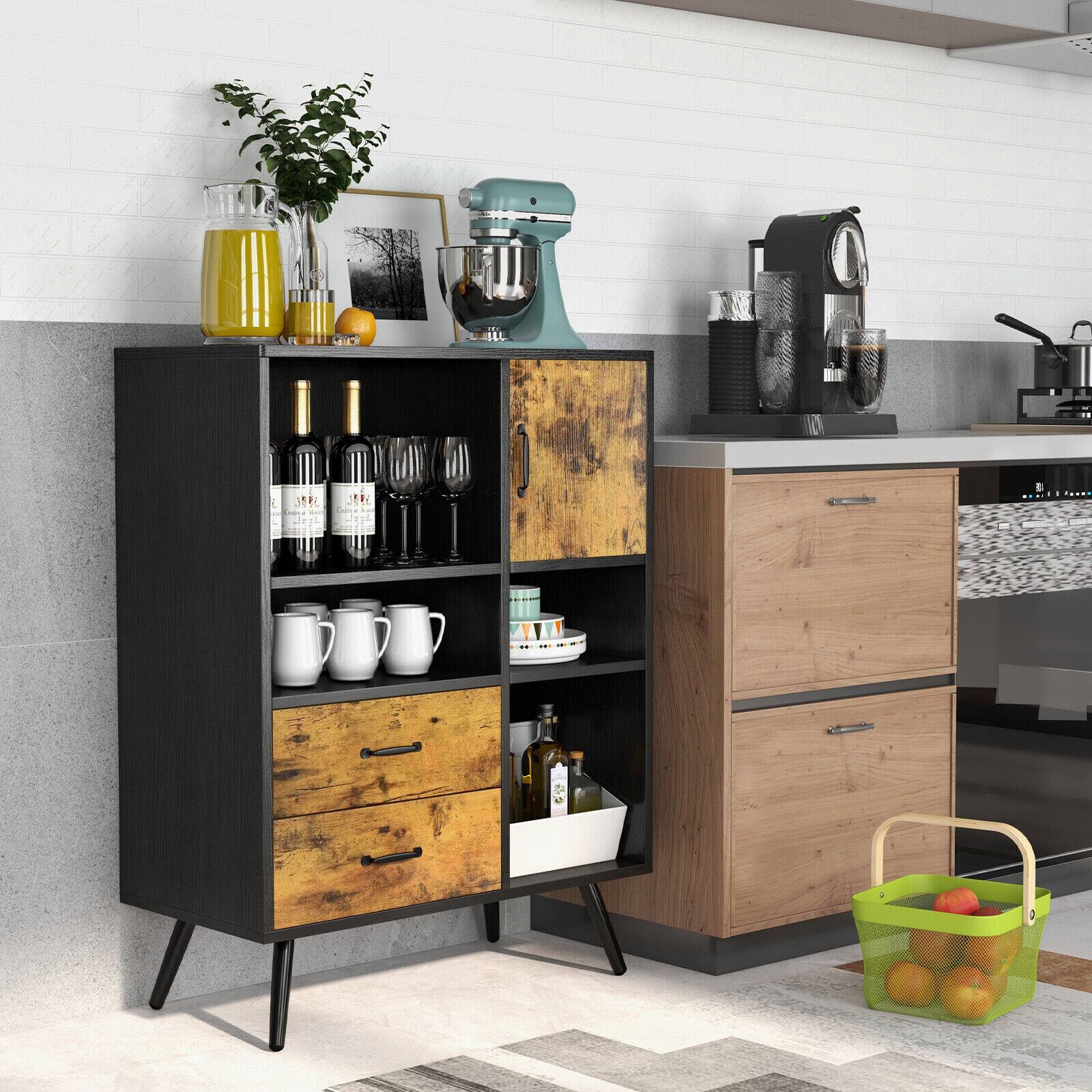 Alt View 1. Ecooso - Industrial Buffet Sideboard Cabinet, Kitchen Storage Console with Cubbies & Drawers - Rustic Brown/Black.
