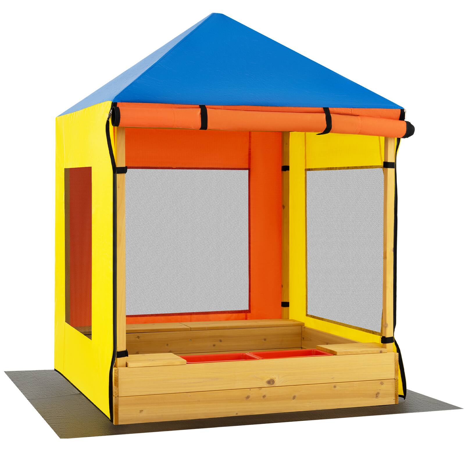 Gymax Kids Wooden Sandbox w/ Canopy Sand Pit w/ Windows & Curtains