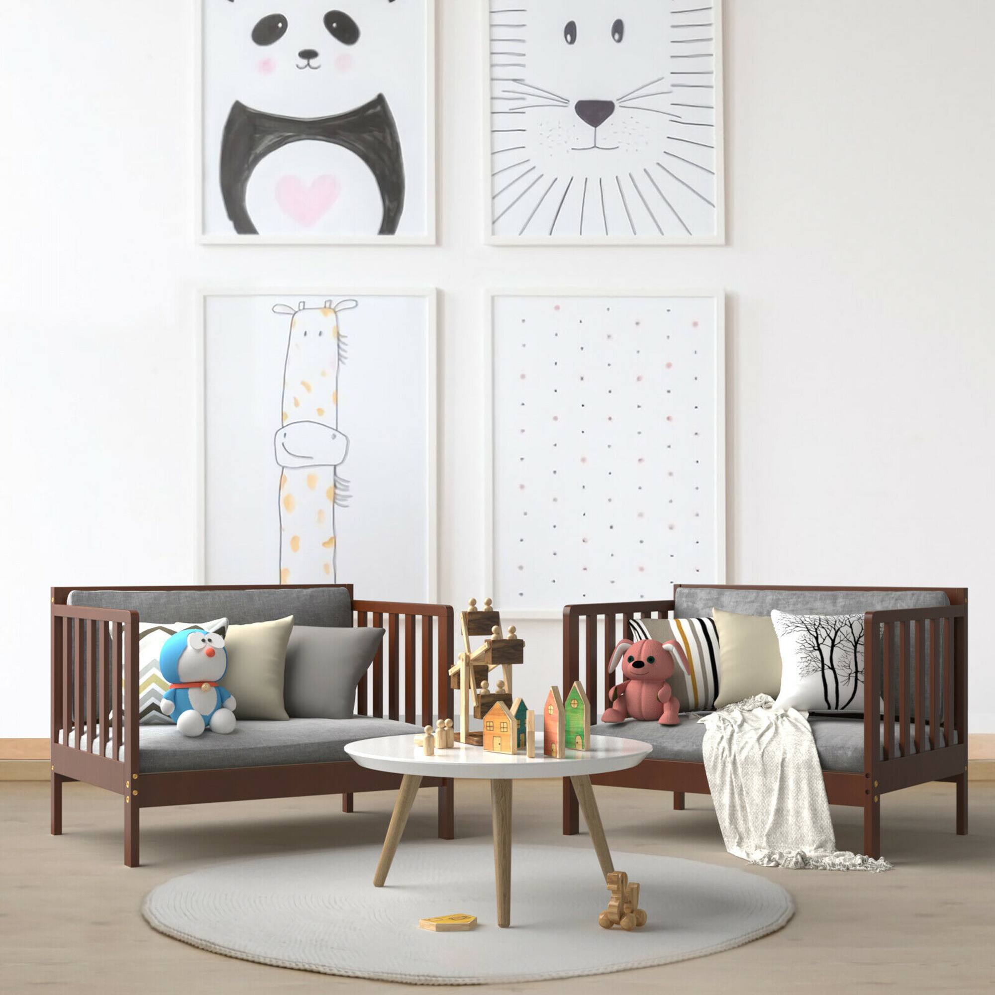 Alt View 4. Gymax - Gymax 2-in-1 Convertible Toddler Bed Wooden Kids Bedroom Furniture w/ Guardrails Brown - Brown.