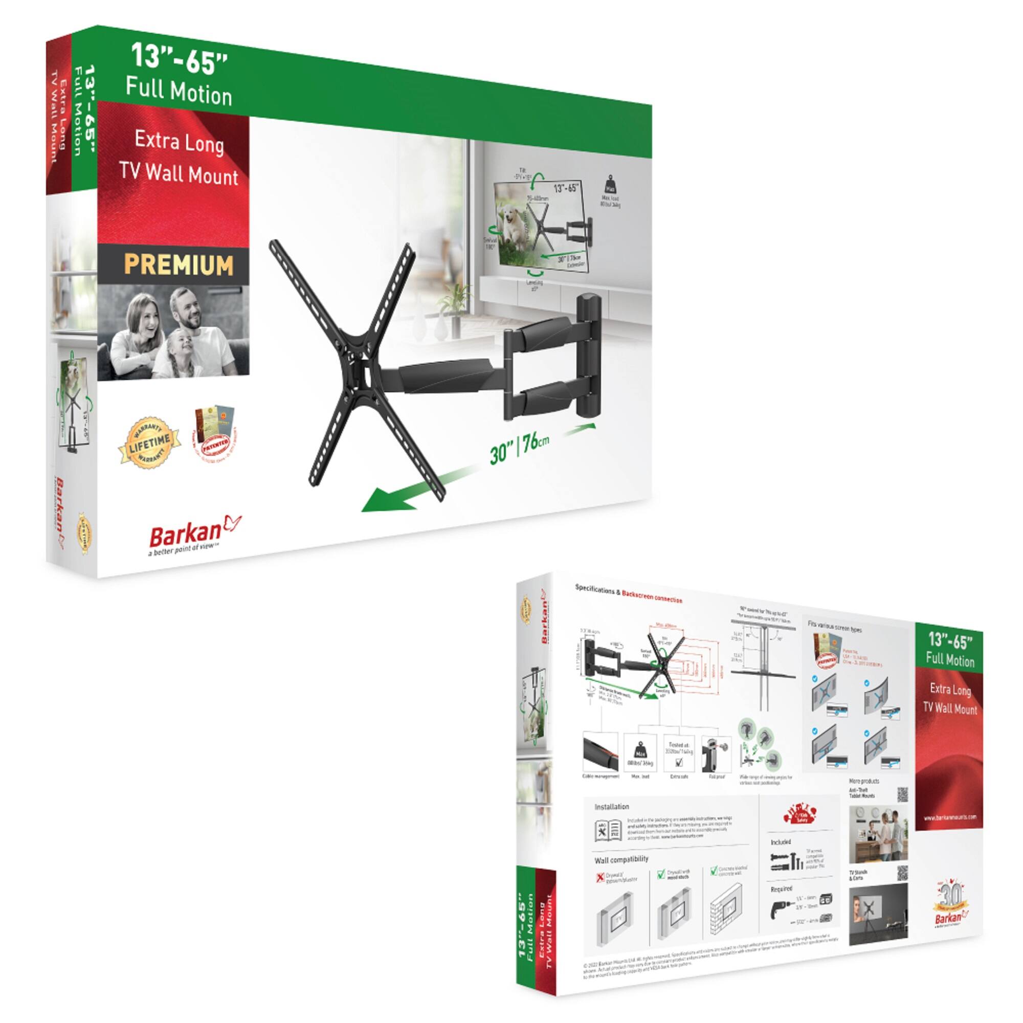 13"-65" Full Motion Extra Long TV Wall Mount

PREMIUM

Barkan

LIFETIME WARRANTY

Specifications & Rockercomics

Installation

Wall Compatibility

Included

Reserve

30°/176cm

Barkan
