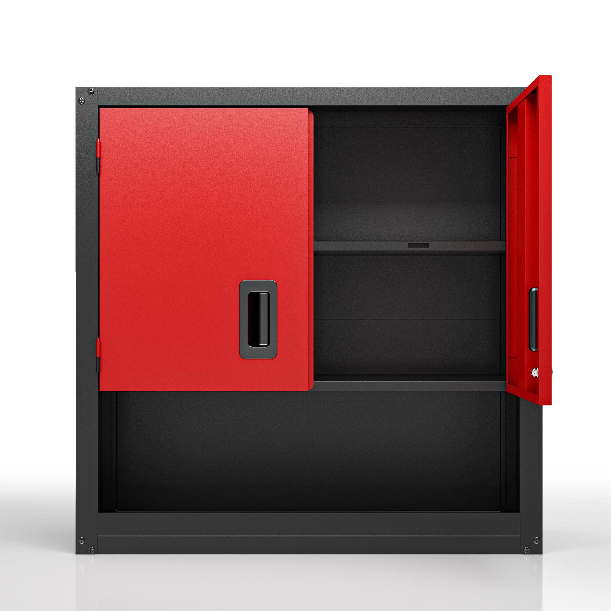 Angle. TinyHomie - Garage Wall Cabinet with Locking Doors and Adjustable Shelf, Metal Wall Cabinet, Floating Upper Storage Cabinet in Red - Red+Black.