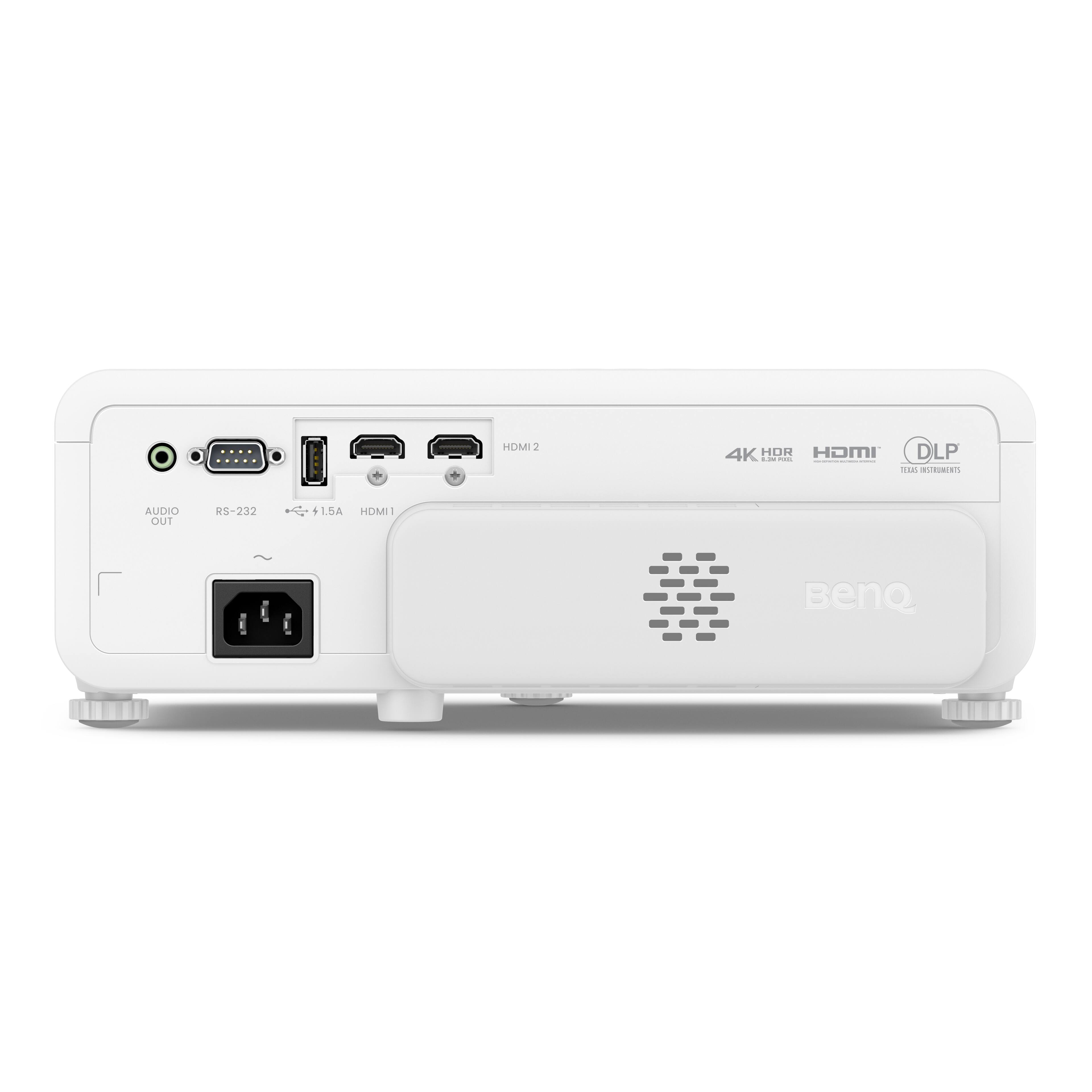 The text on the image reads: "HDMI 1 4K i HOR HDMI D DLP I | 1A6 AUDIO OUT RS-232 L.SA HDMI BenQ." This text describes the features of the device, which include HDMI input, 4K resolution, and support for both HDMI and DLP technologies. The device also has an audio output and an RS-232 port for connecting to other devices. The manufacturer of the device is BenQ.