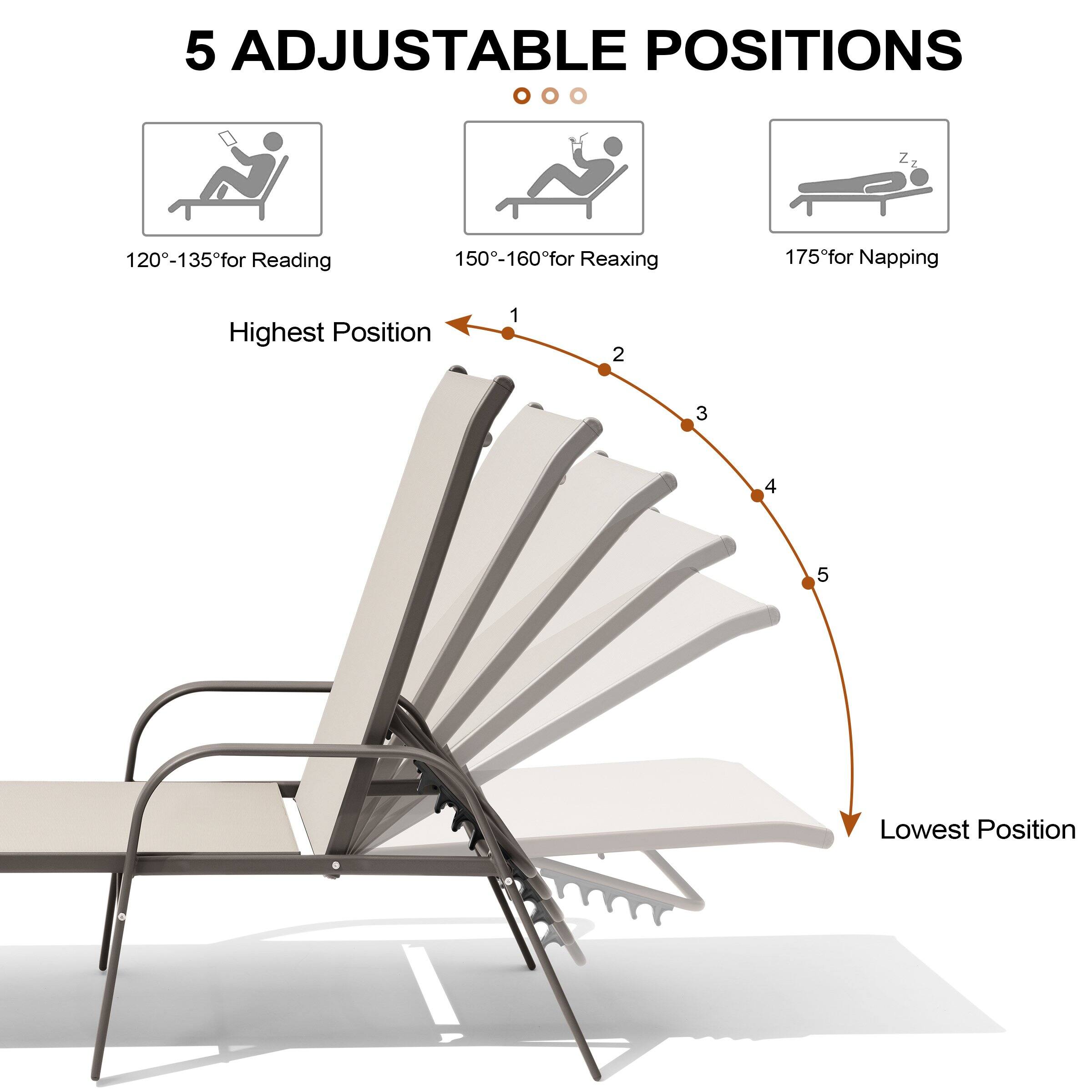 5 Adjustable Positions

120°-135° for Reading  
150°-160° for Relaxing  
175° for Napping  

Highest Position  
1 2 3 4 5  
Lowest Position