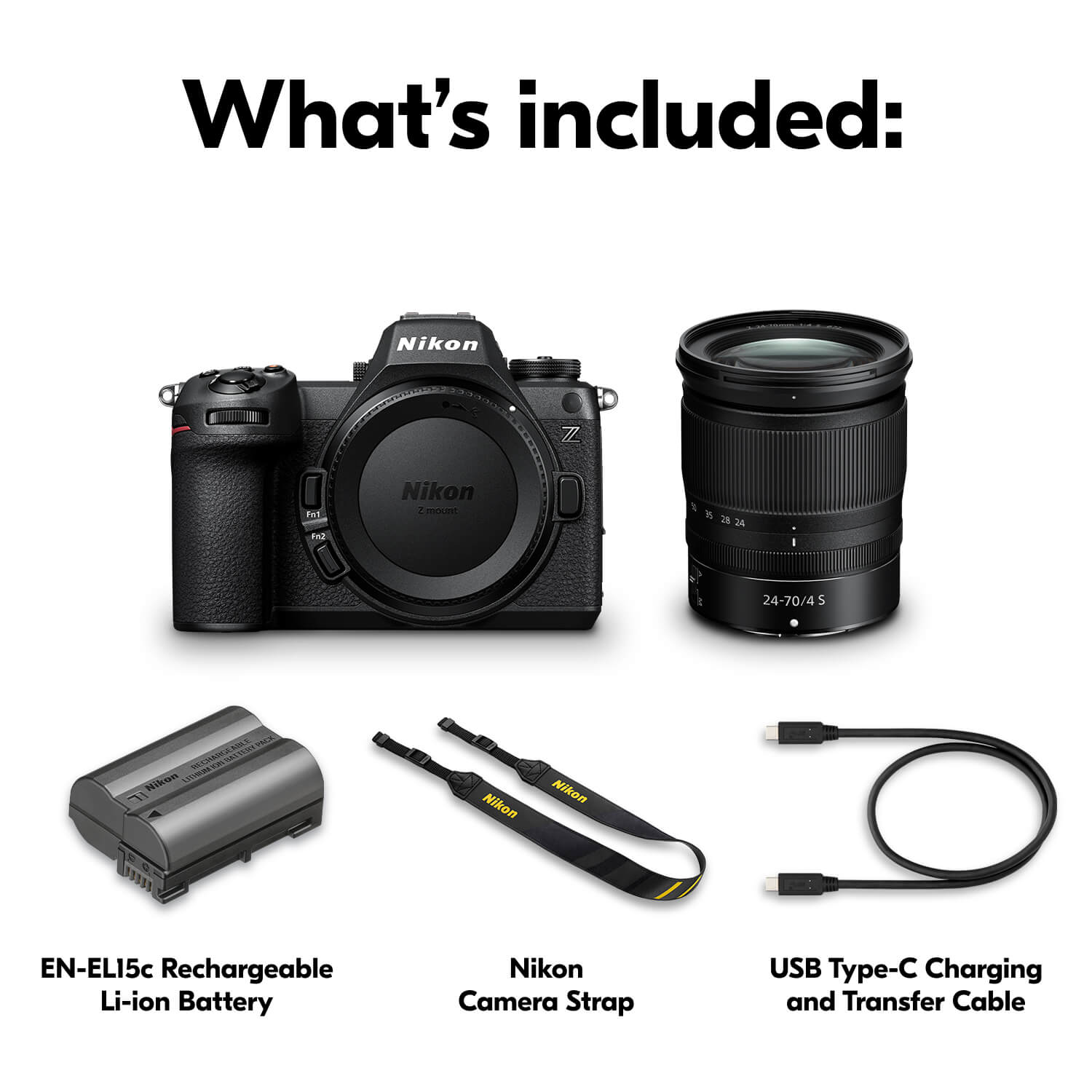 What's included:
- Nikon Z mount camera
- Nikon 24-70mm f/4 S lens
- Nikon EN-EL15c Rechargeable Li-ion Battery
- Nikon Camera Strap
- USB Type-C Charging and Transfer Cable