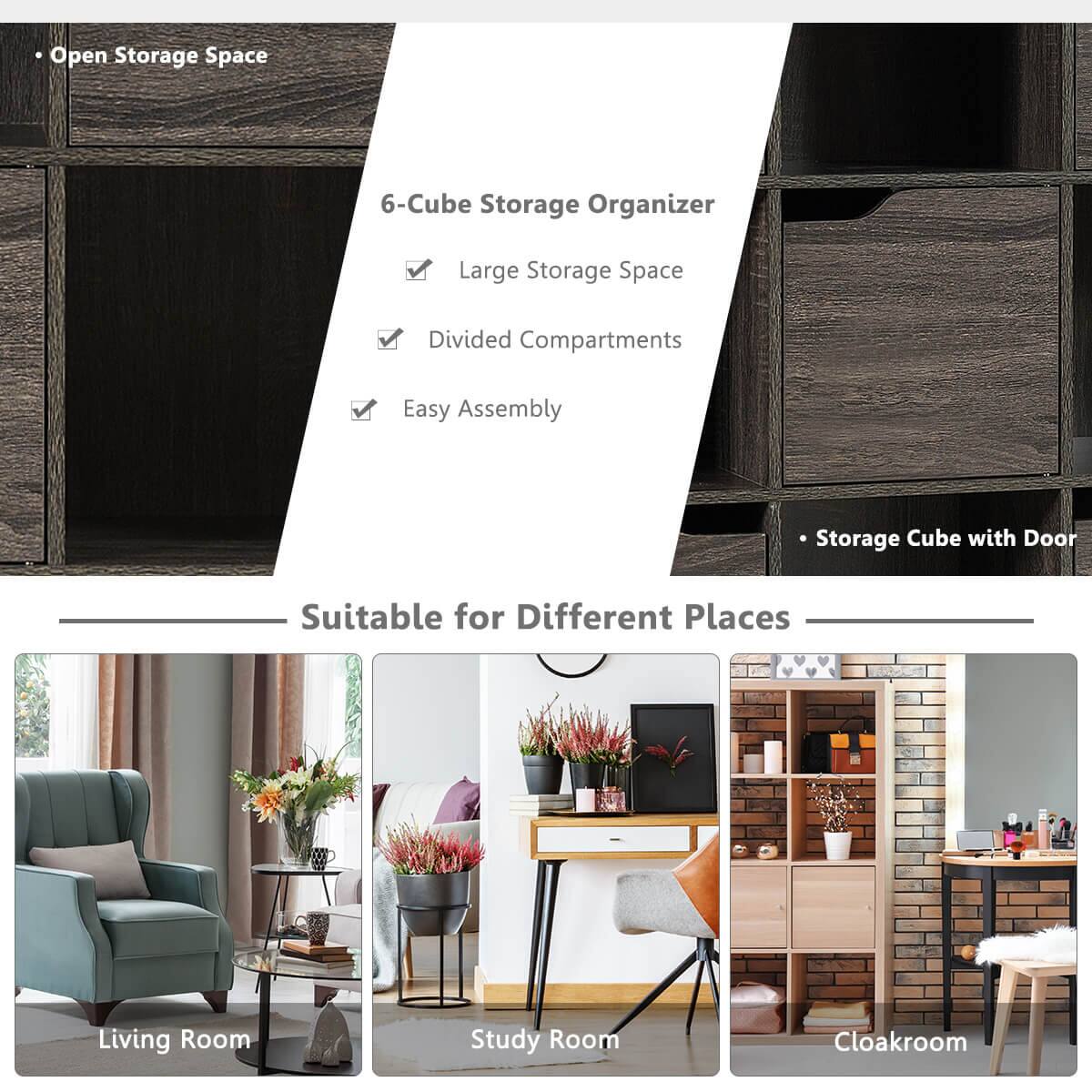 Open Storage Space, 6-Cube Storage Organizer, Large Storage Space, Divided Compartments, Easy Assembly, Storage Cube with Door, Suitable for Different Places, Living Room, Study Room, Cloakroom