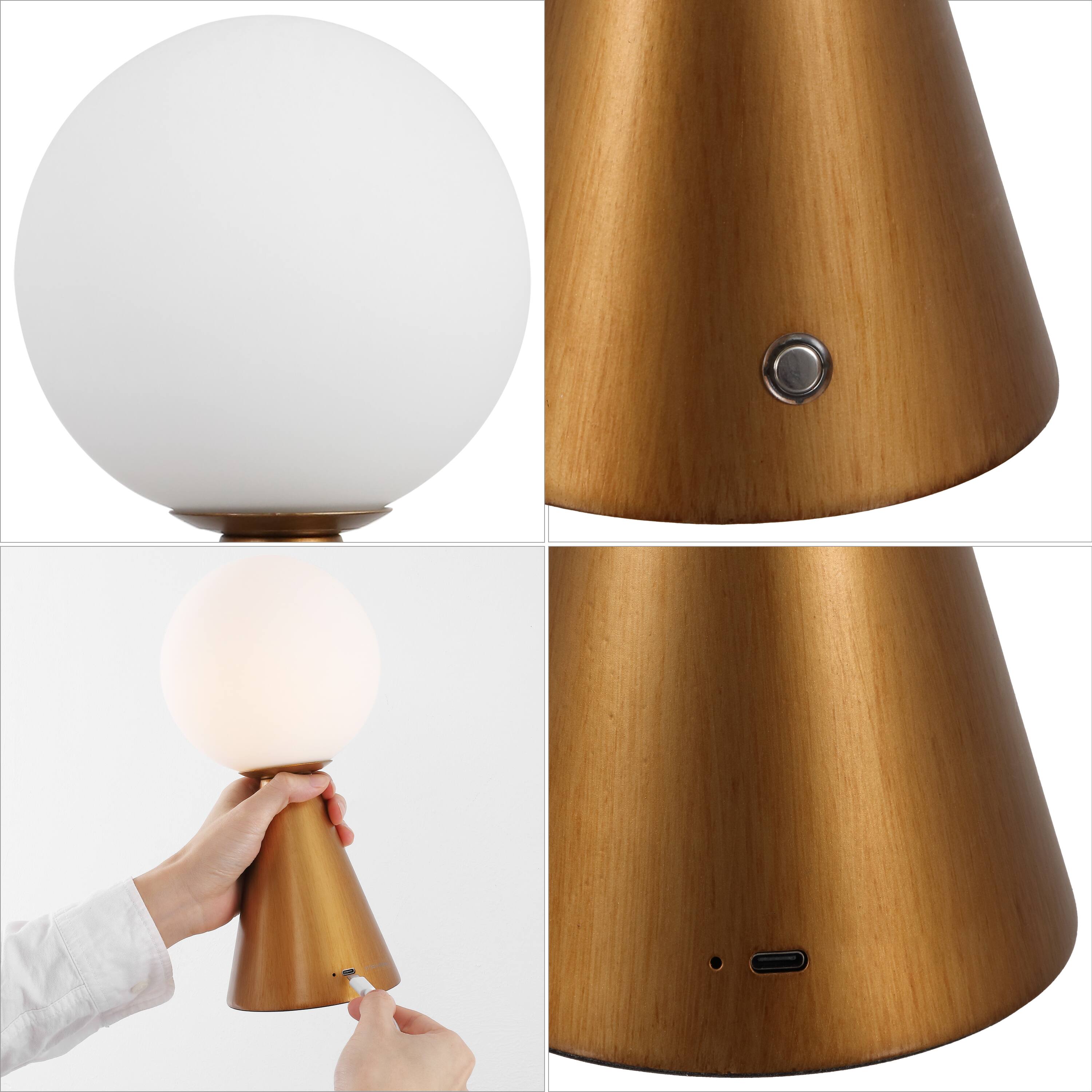 Alt View 4. Jonathan Y - Macie 11.75" Modern Globe Rechargeable Dimmable Integrated LED Table Lamp with Touch Sensor, Antique Gold (Set of 2) - Antique Gold.