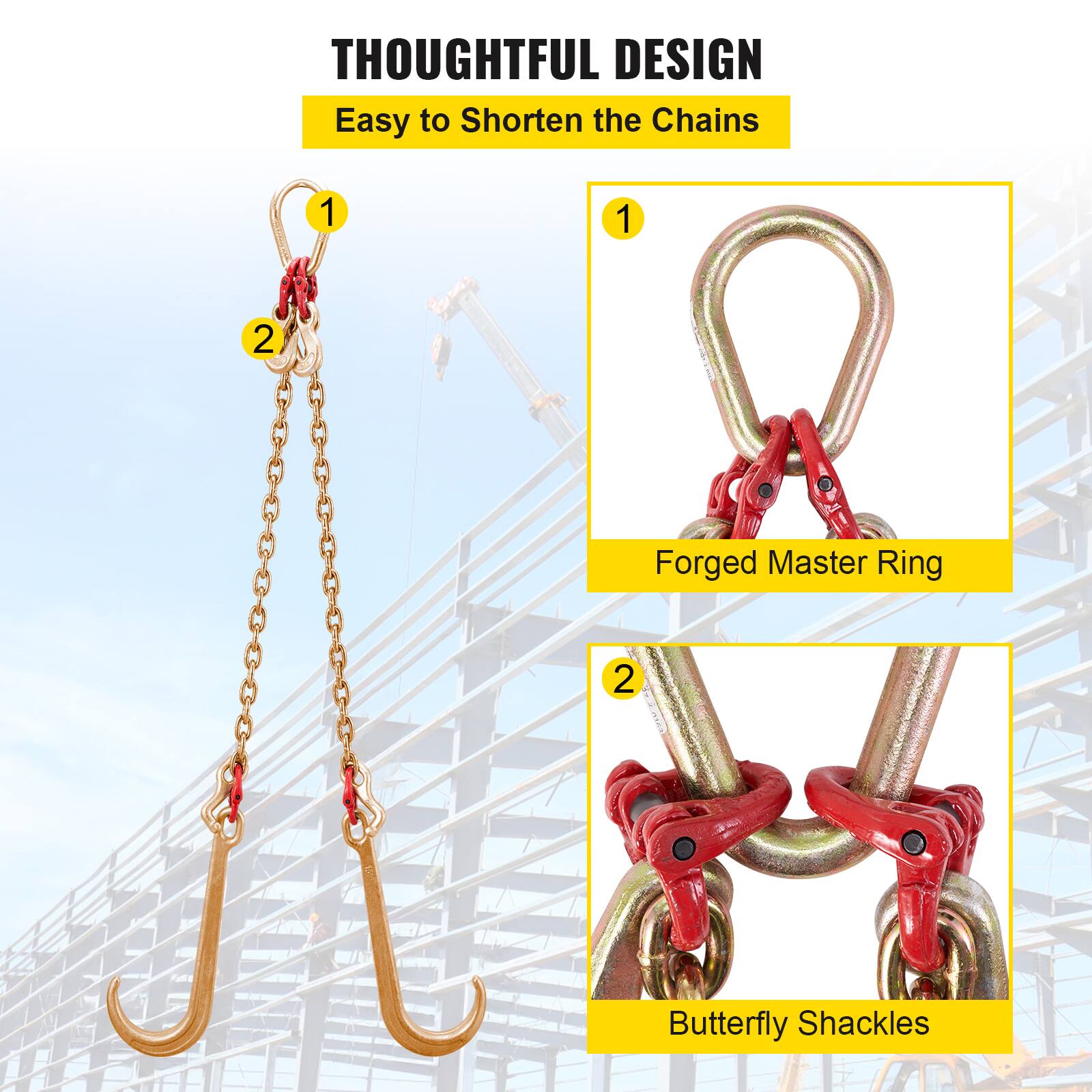 THOUGHTFUL DESIGN  
Easy to Shorten the Chains  

1. Forged Master Ring  
2. Butterfly Shackles