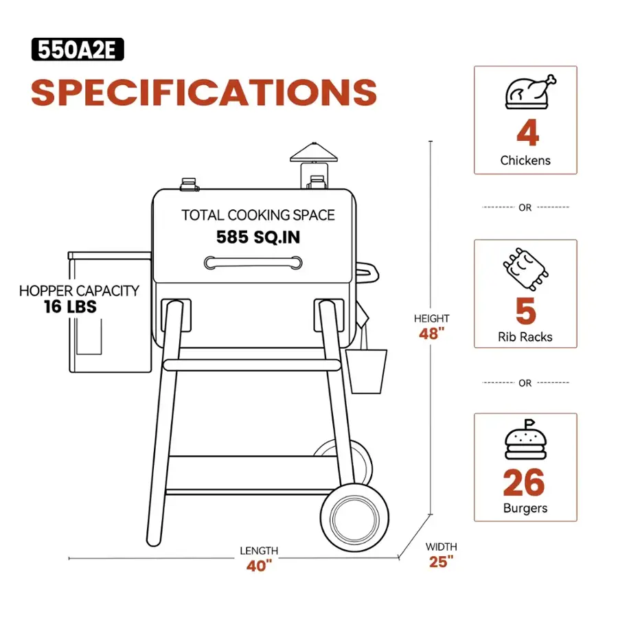 550A2E Specifications:

* Total cooking space: 585 sq. in.
* Hopper capacity: 16 lbs.
* Height: 48"
* Length: 40"
* Width: 25"
* 4 chickens
* OR 26 burgers
* OR 5 rib racks