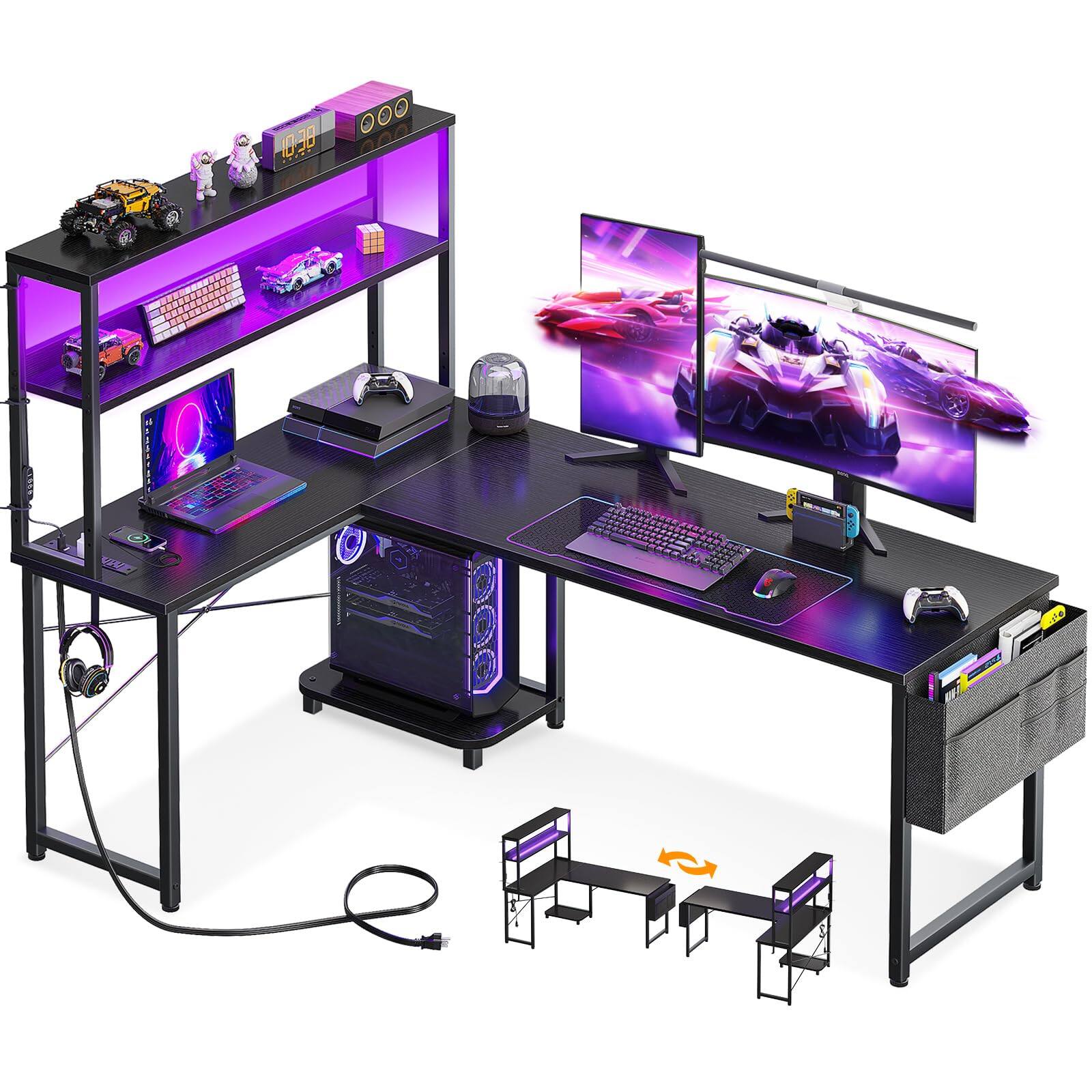 AODK - Reversible L-Shaped Gaming Desk with LED Light, Power Outlet, Shelf, Storage Bag and Hook - Black