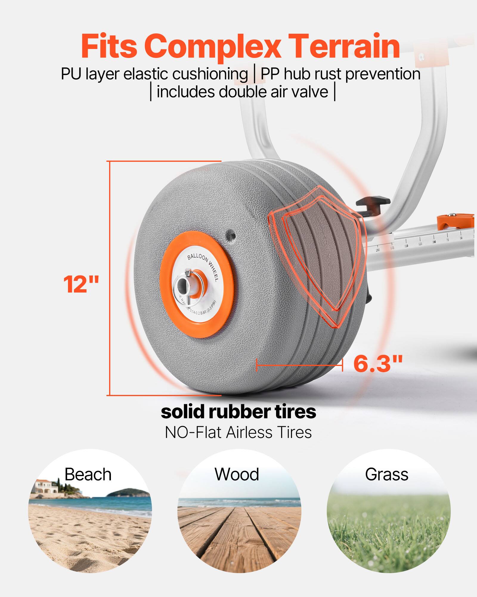 Fits Complex Terrain  
PU layer elastic cushioning | PP hub rust prevention | includes double air valve  

12" BALLOON WHEEL ENEI2 LA  

6.3" solid rubber tires  
NO-Flat Airless Tires  

Beach  
Wood  
Grass