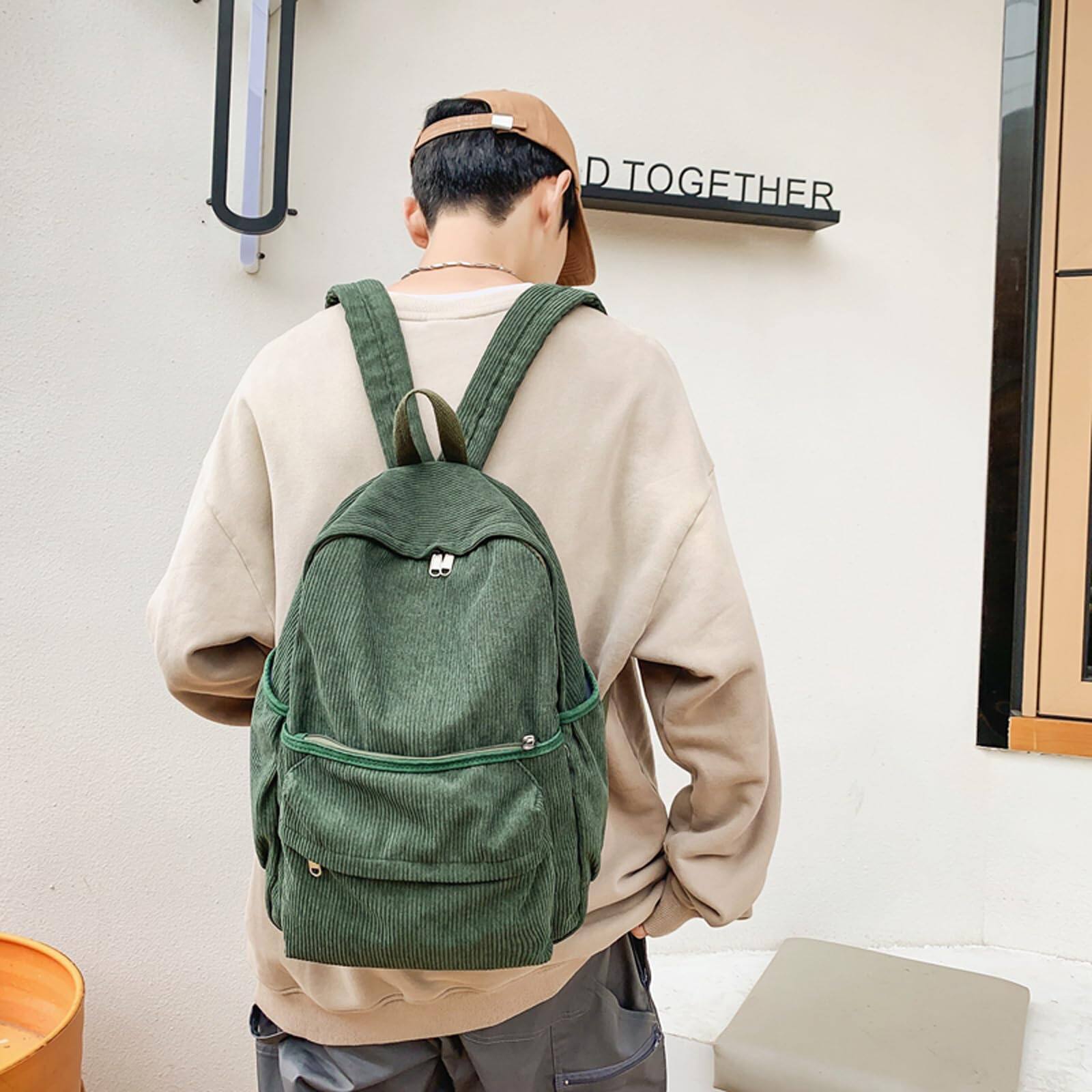 Back. Live At Space - Aesthetic Backpack Cute Corduroy School Supplies Laptop Bag for Teens Women Students Solid Color(Green) - Black.