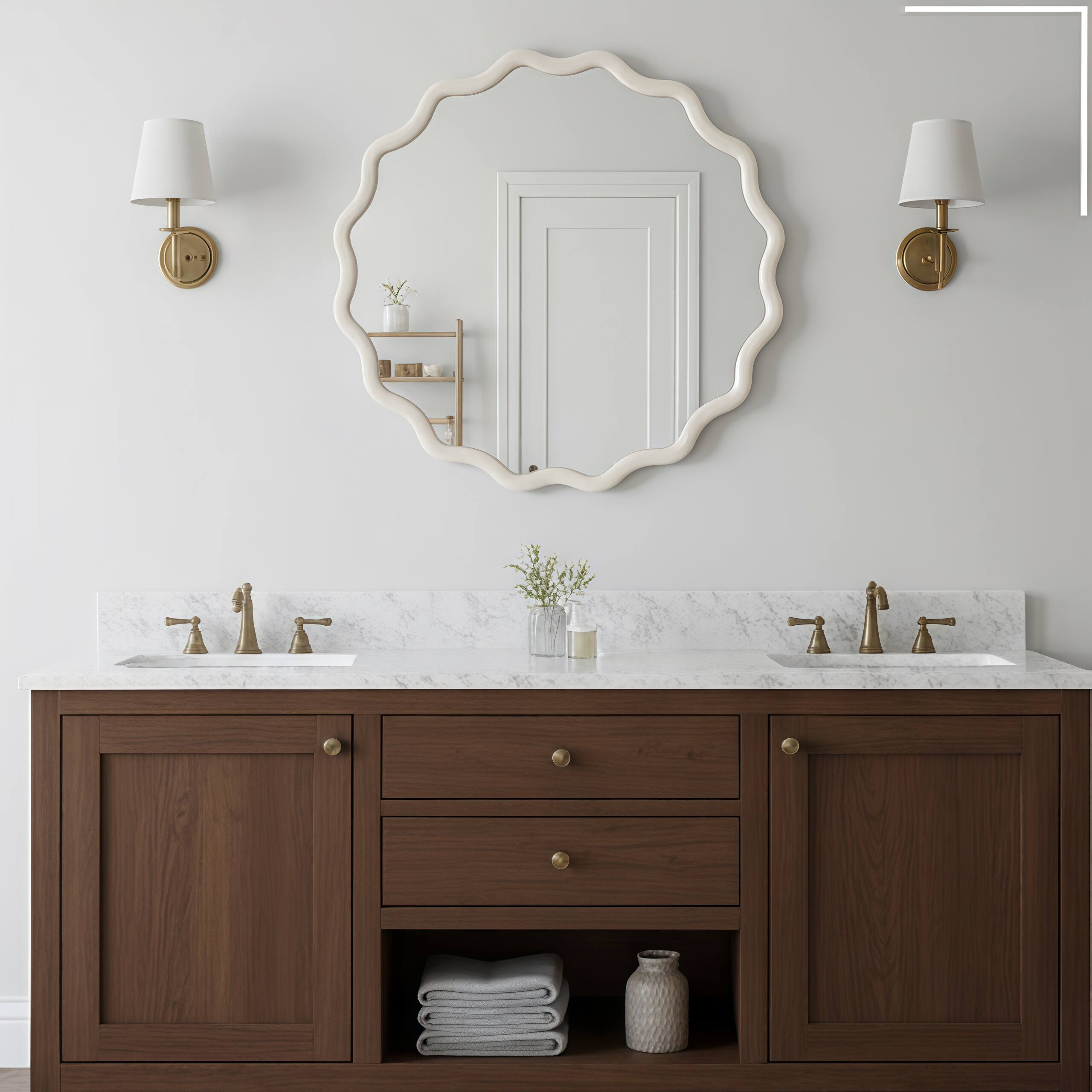 Back. MERAVOM - Round Wavy Wall Mirror, 30" Circle Boho Scalloped Mirror for Bedroom, Bathroom, Living Room, Entryway - White.