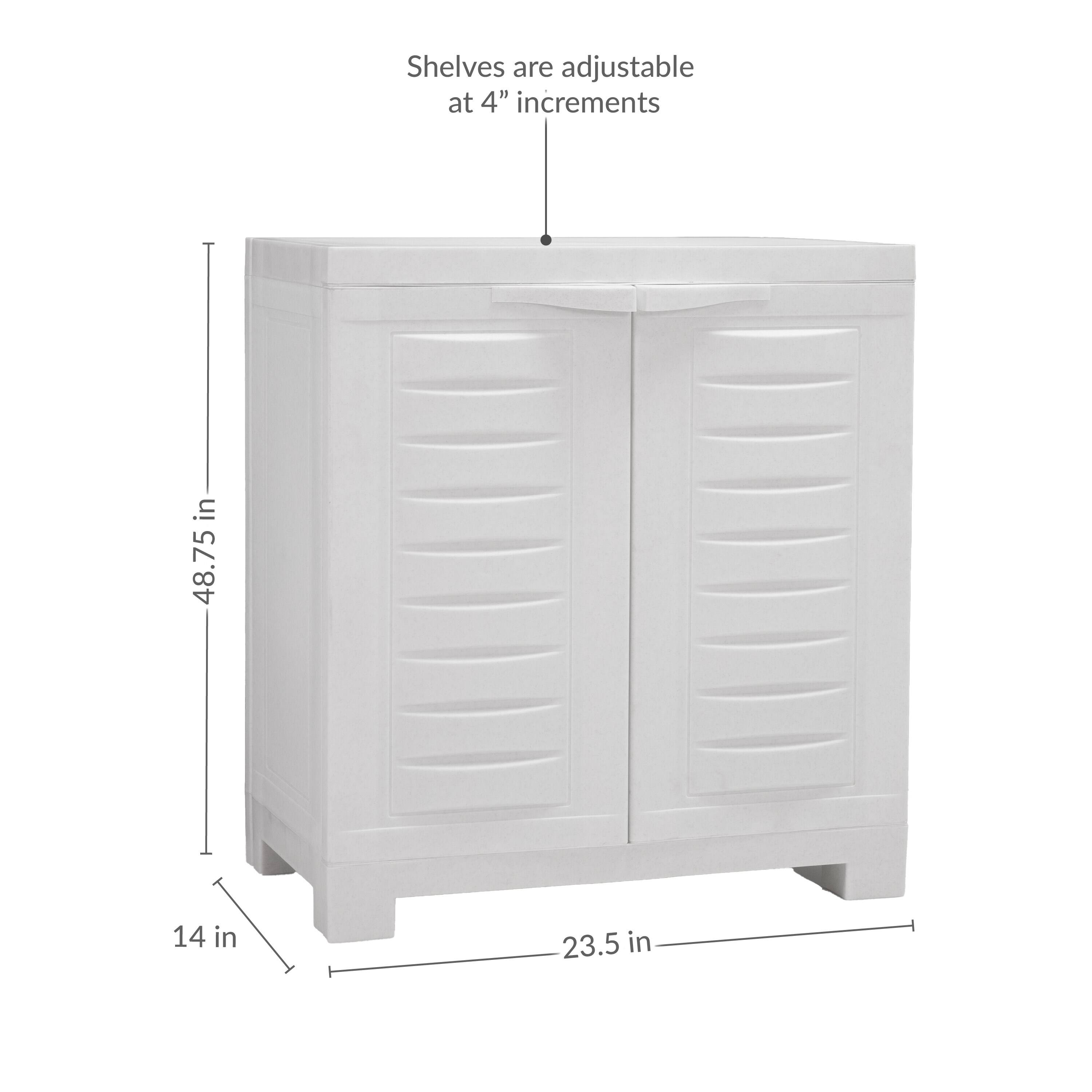 Shelves are adjustable at 4" increments in 48.75" x 14" x 23.5"