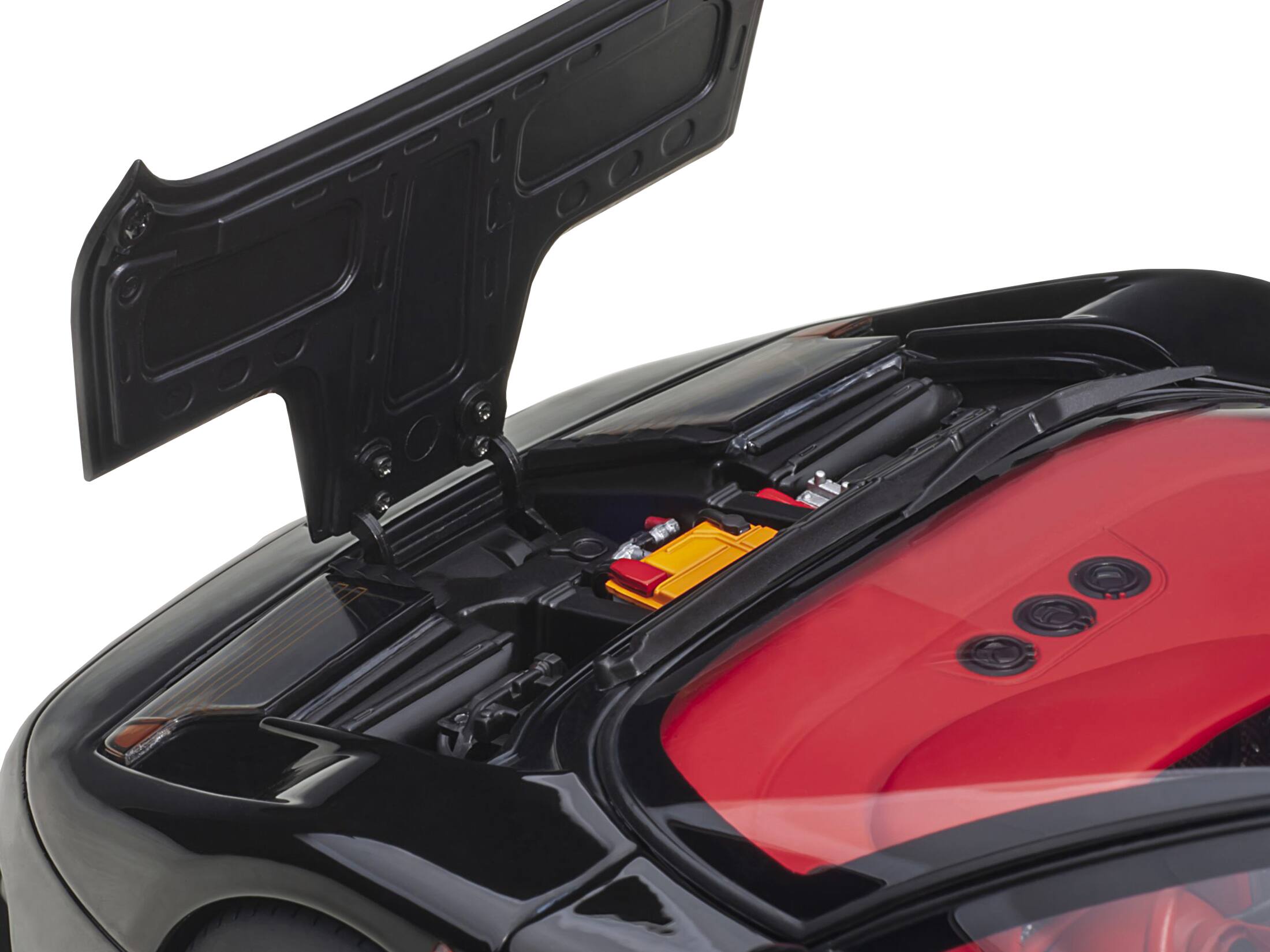 Left. Autoart - Bugatti EB110 SS Super Sport Nero Vernice Black with Red Interior and Silver Wheels 1/18 Model Car by Autoart - Black With Red Interior.