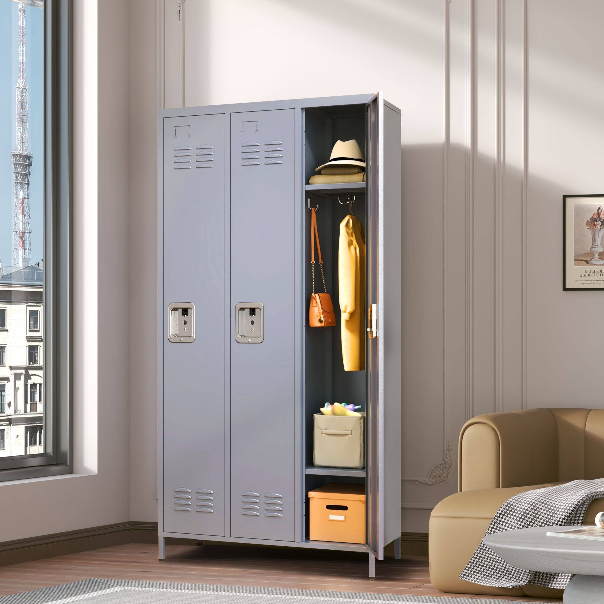 Back. Mirfee - 3-Door Metal Locker with Lock, 72"H Storage Cabinet for Gym Office - Gray.