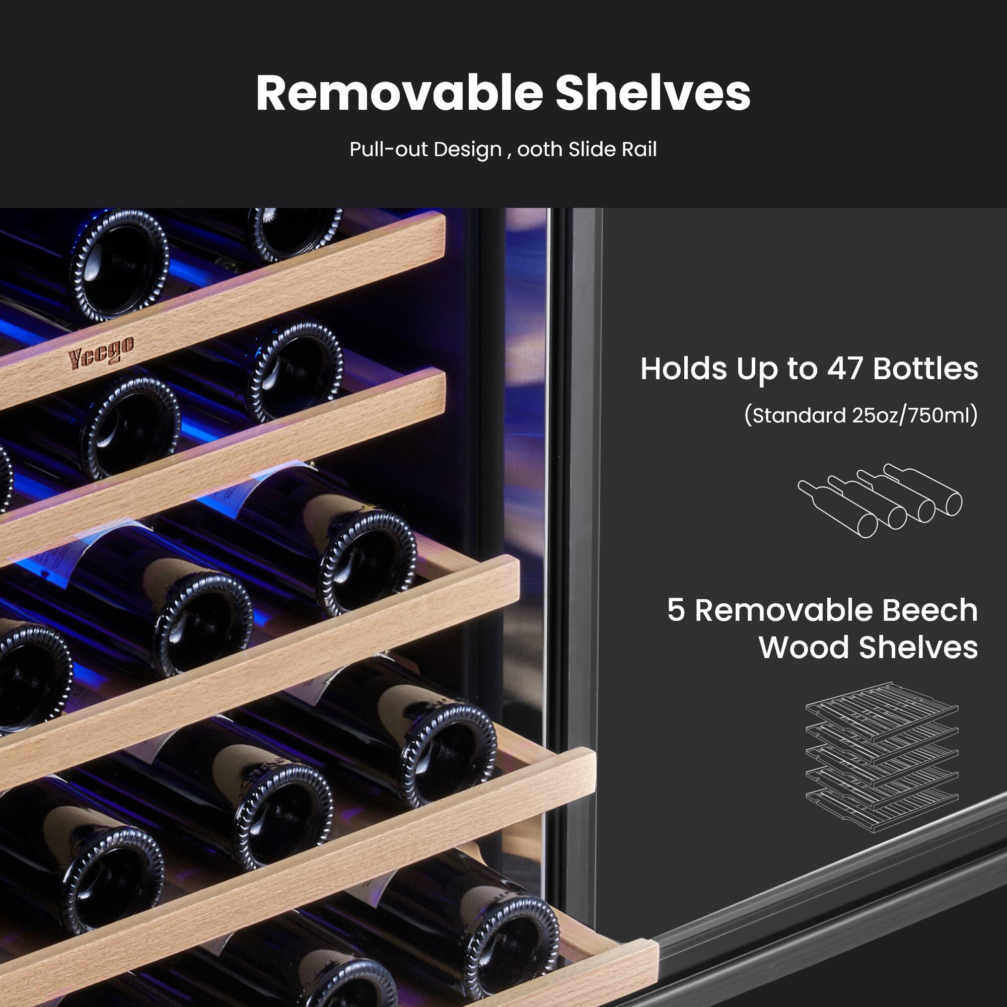 Removable Shelves, Pull-out Design, ooth Slide Rail, Vecgo, Holds Up to 47 Bottles (Standard 25oz/750ml), 5 Removable Beech Wood Shelves