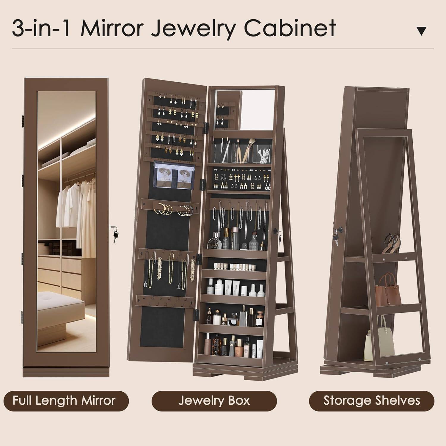 3-in-1 Mirror Jewelry Cabinet

- Full Length Mirror
- Jewelry Box
- Storage Shelves