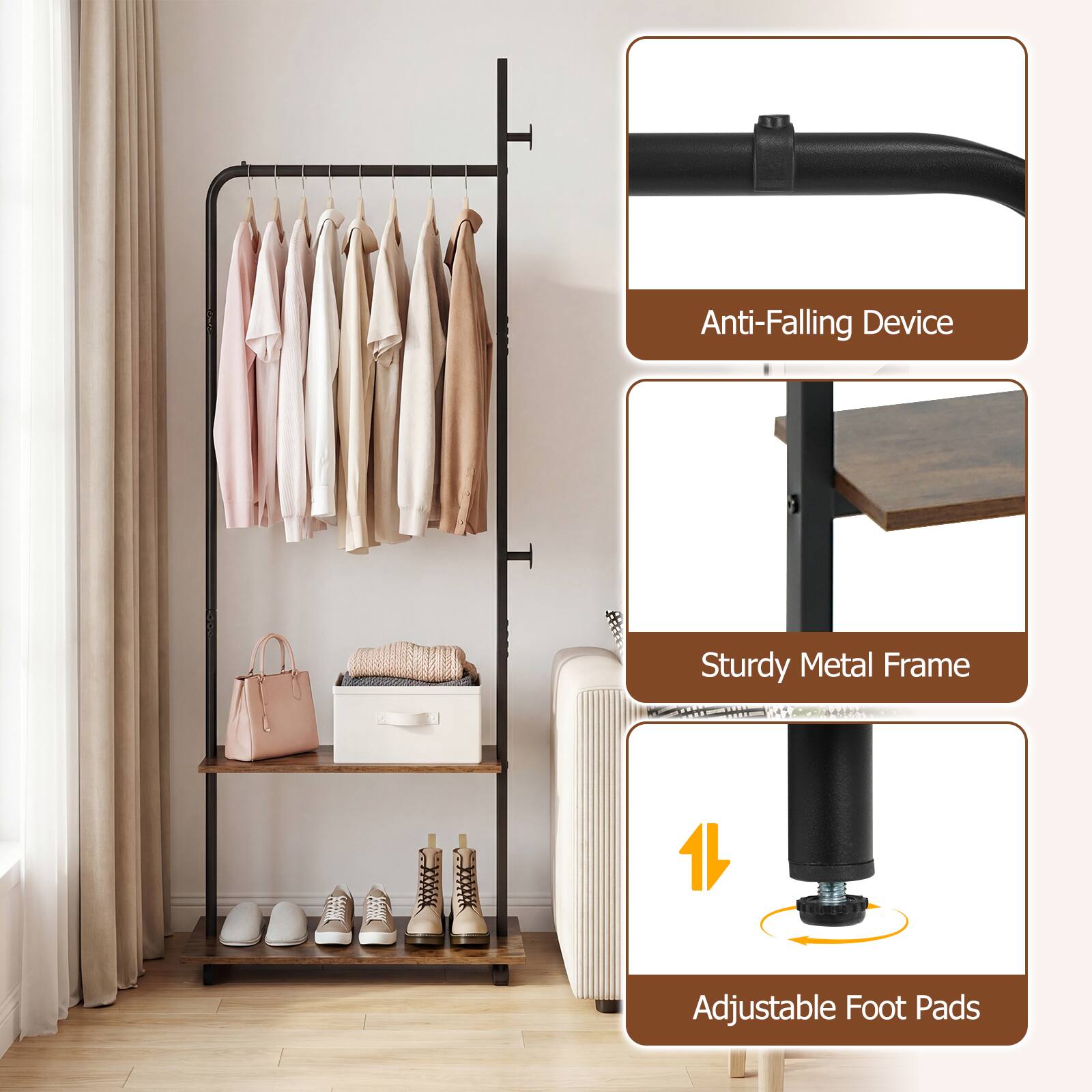 Anti-Falling Device  
Sturdy Metal Frame  
Adjustable Foot Pads