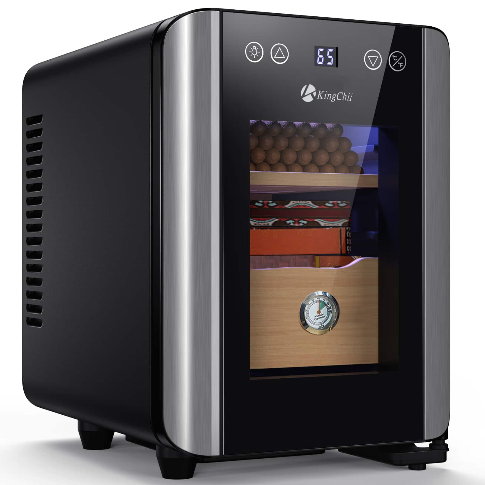 Front. KingChii - 8L Cigar Humidor Storage Cabinet with Temperature Control, Spanish Cedar Shelves and Hygrometer(80 Capacity) - Black & Silver.