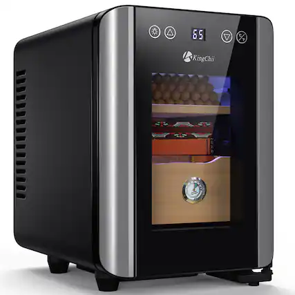 Front. KingChii - 8L Cigar Humidor Storage Cabinet with Temperature Control, Spanish Cedar Shelves and Hygrometer(80 Capacity) - Black & Silver.