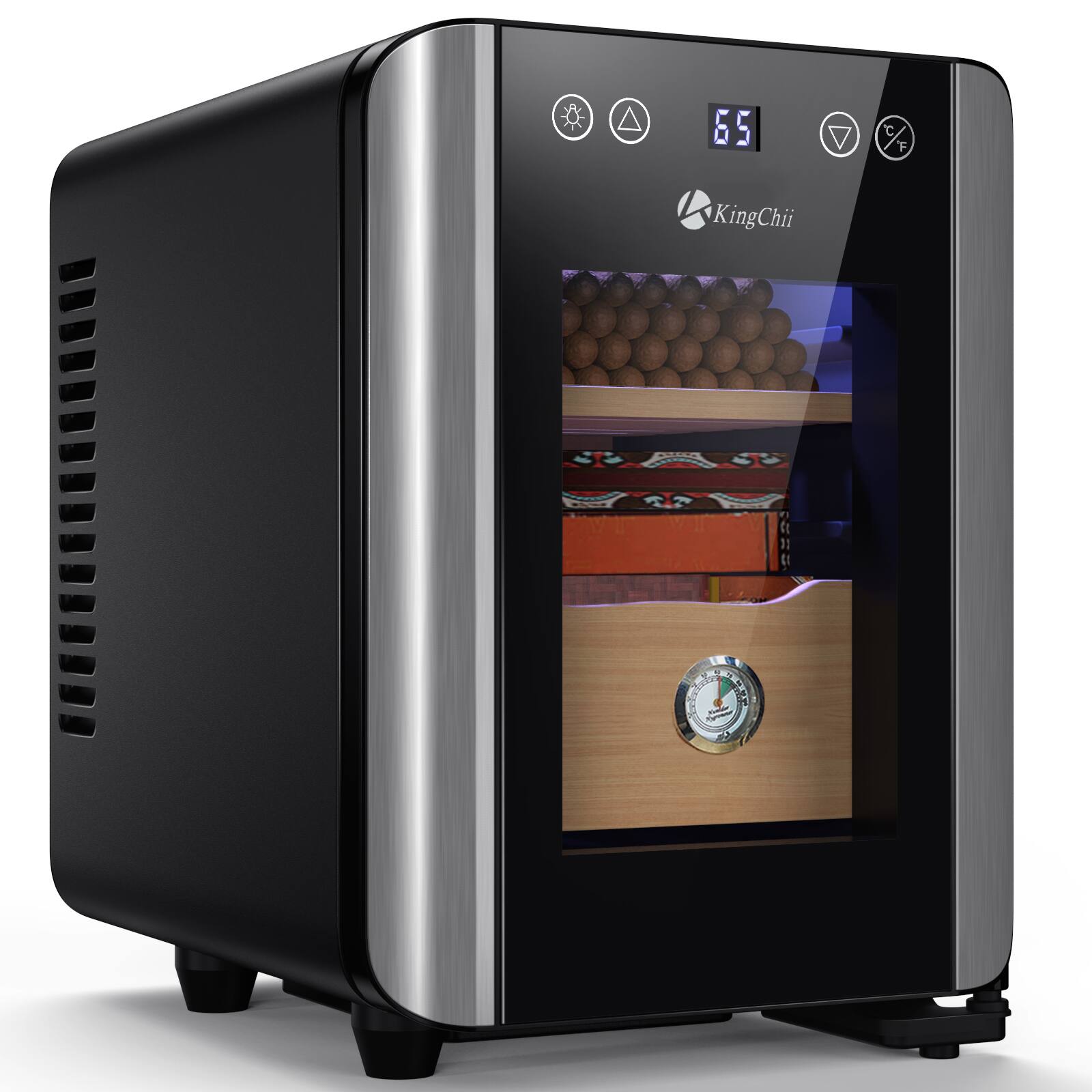 Front. KingChii - 8L Cigar Humidor Storage Cabinet with Temperature Control, Spanish Cedar Shelves and Hygrometer(80 Capacity) - Black & Silver.