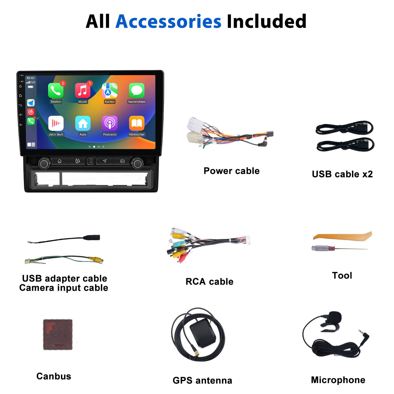 All Accessories Included

- Power cable
- USB cable x2
- USB adapter cable
- Camera input cable
- RCA cable
- Canbus
- GPS antenna
- Microphone
- Tool