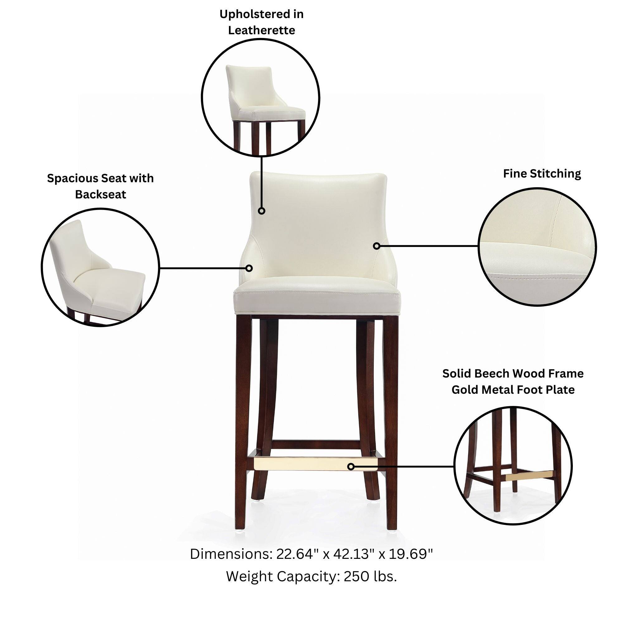 Upholstered in Leatherette  
Spacious Seat with Backseat  
Fine Stitching  
Solid Beech Wood Frame Gold Metal Foot Plate  
Dimensions: 22.64" x 42.13" x 19.69"  
Weight Capacity: 250 lbs.
