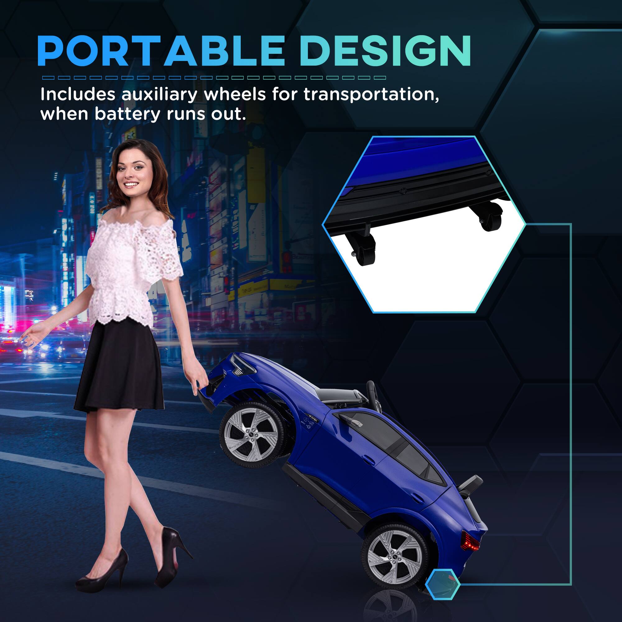 PORTABLE DESIGN  
Includes auxiliary wheels for transportation, when battery runs out.