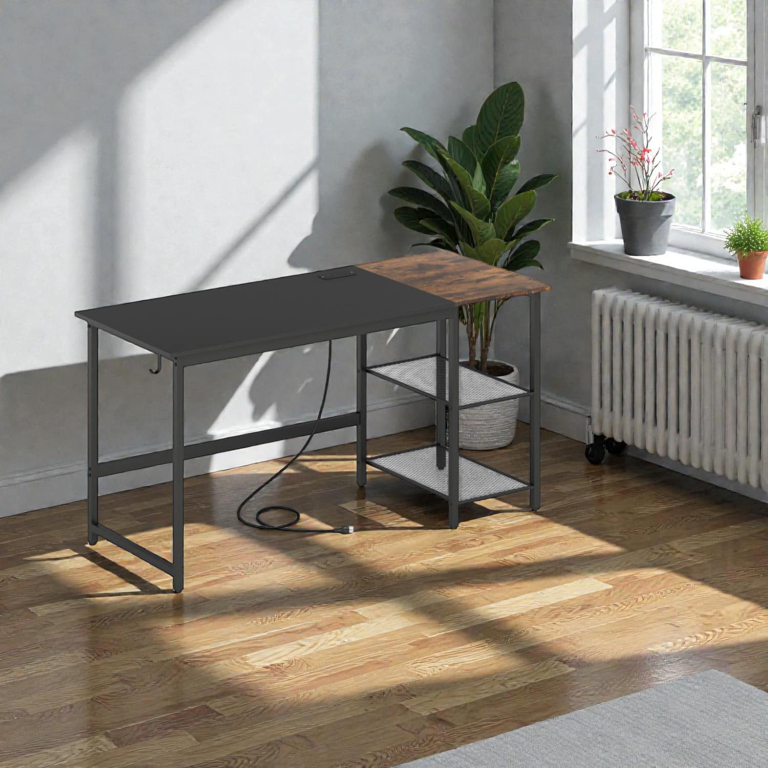 Hivvago - Home Office Industrial Desk 59" with Two-Level Storage Shelves - Black