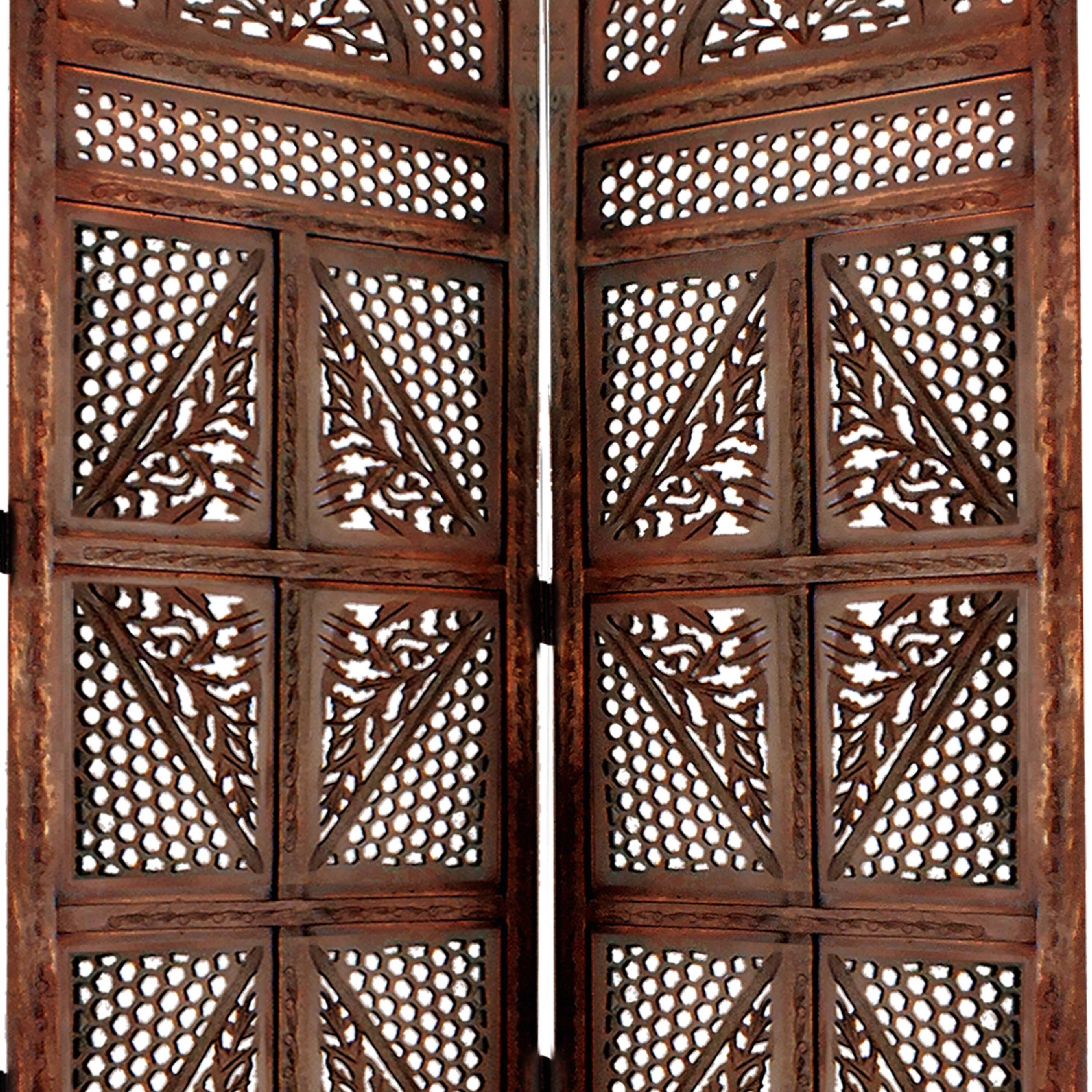 Alt View 3. Manhattan Lane - Traditional Four Panel Wooden Room Divider with Hand Carved Details - Brown.