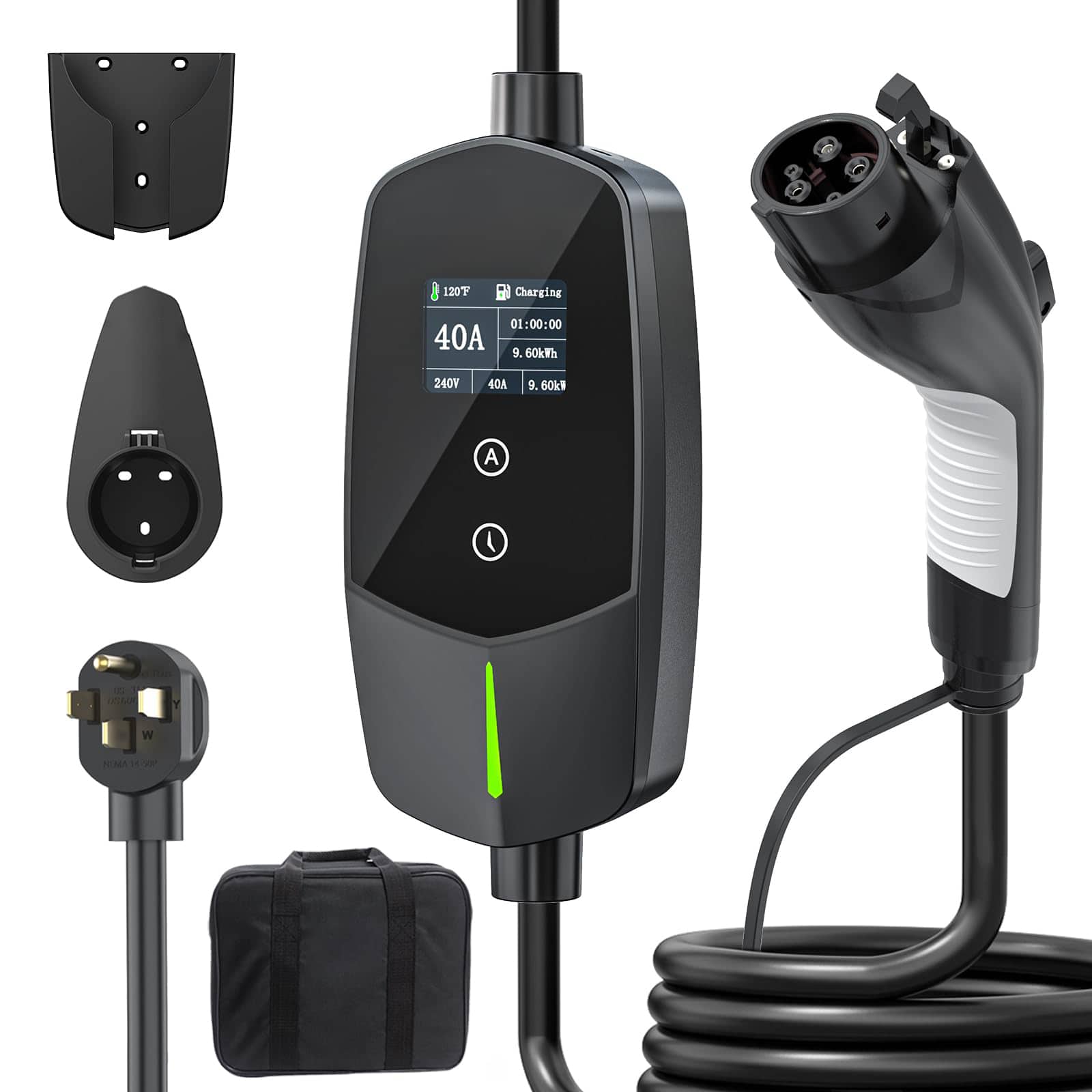 GlowWise - 40A/240V 9.6KW Level 2 EV Charger, 25ft Cable NEMA 14-50P, Adjustable Current & Delay, for J1772 BEV/PHEV - Blank