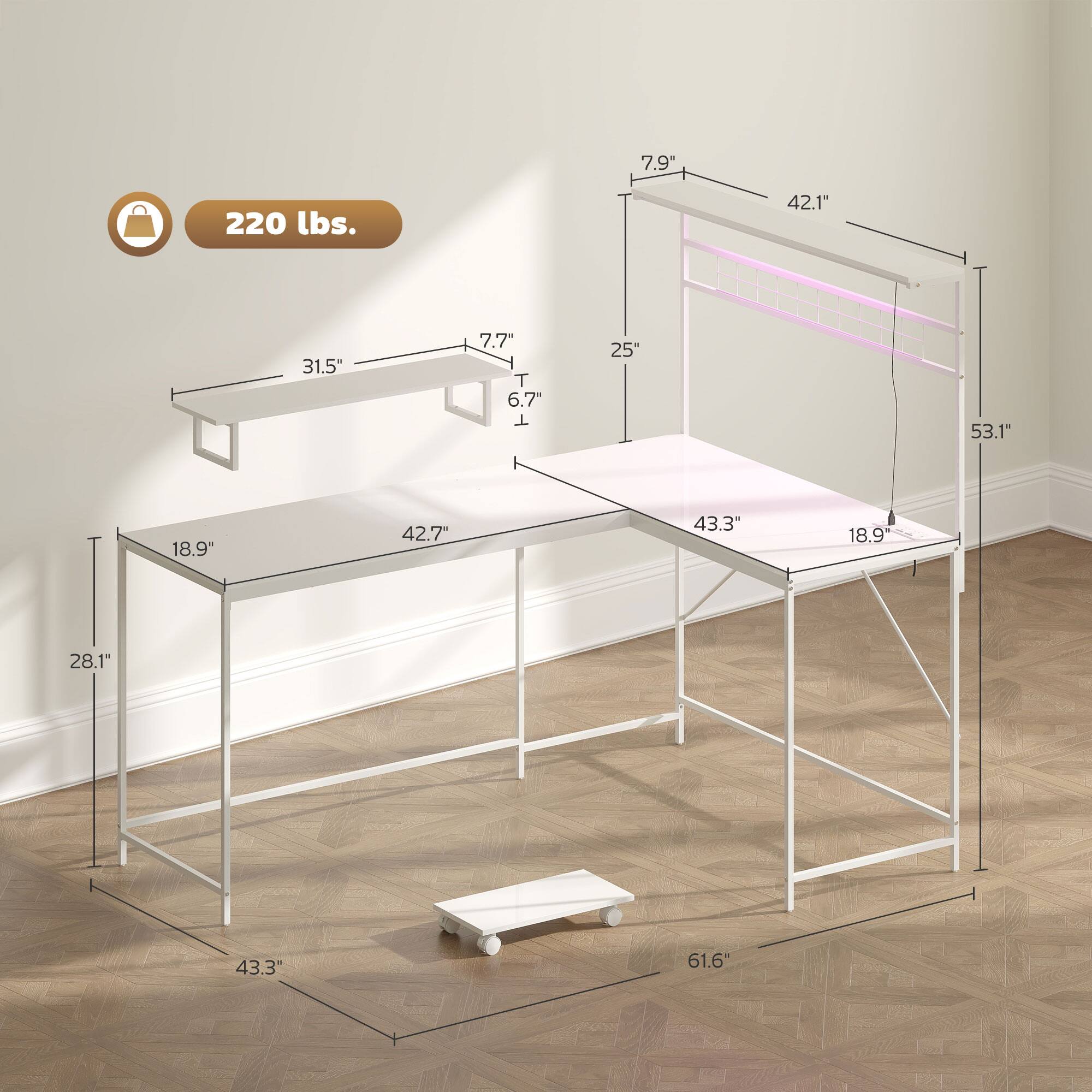 7.9", 220 lbs., 42.1", 31.5", 7.7", 25", 53.1", 18.9", 42.7", 43.3", 18.9", 28.1", 43.3", 61.6"