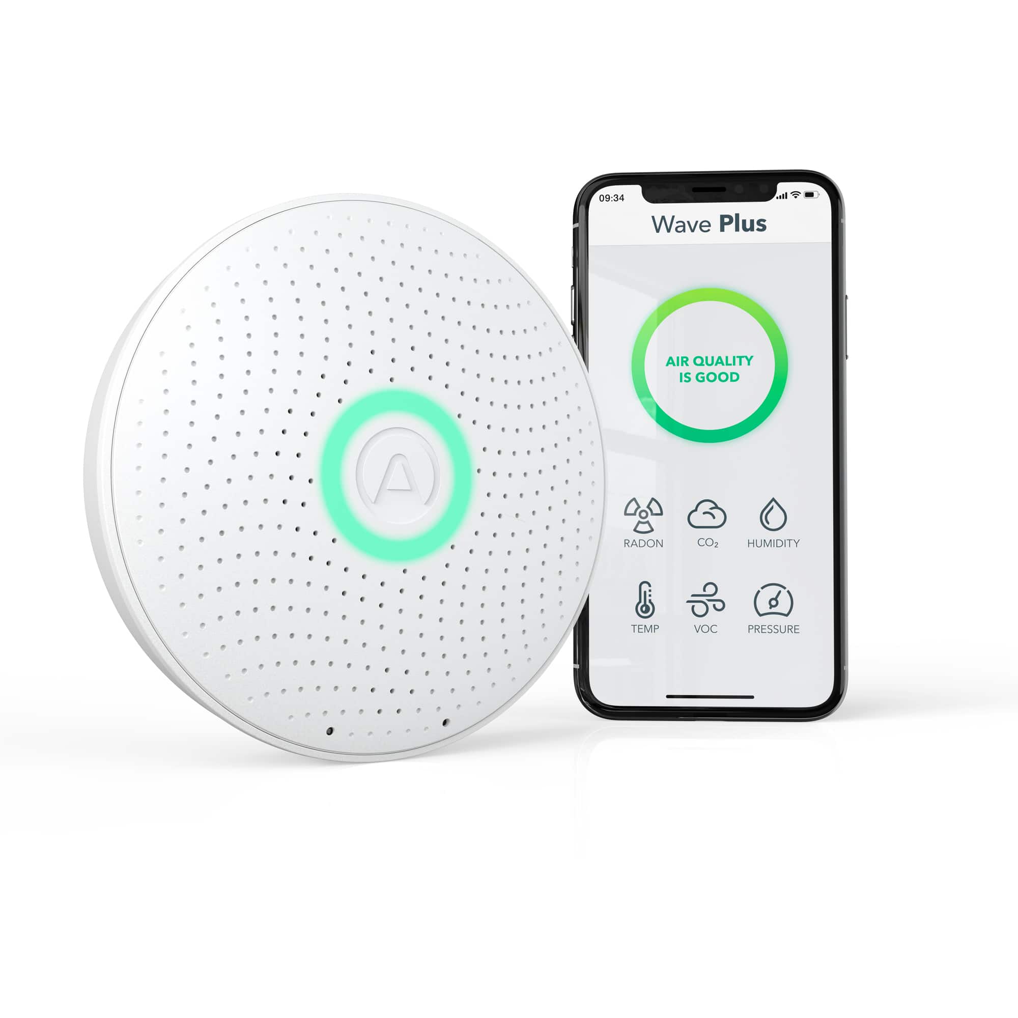 Front. Airthings - Wave Plus Smart Indoor Air Quality Monitor with Radon Detection - Matte White.