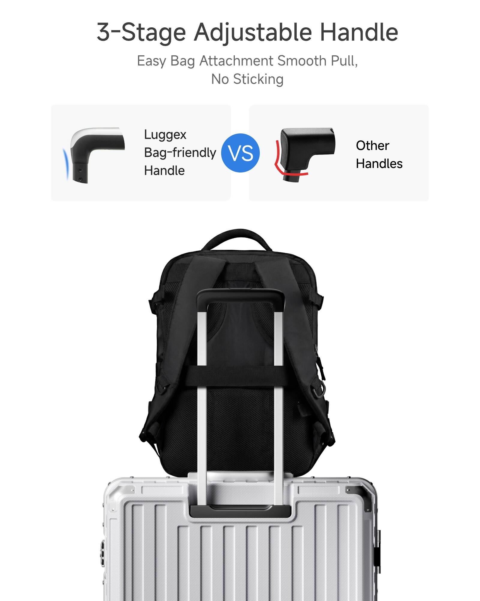 3-Stage Adjustable Handle  
Easy Bag Attachment  
Smooth Pull, No Sticking  

Luggex Bag-friendly Handle  
VS  
Other Handles