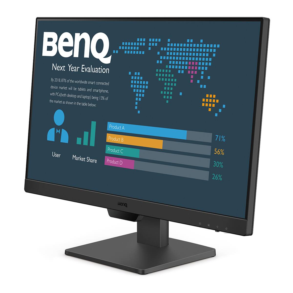 BenQ Next Year Evaluation

By 2018, 87% of the worldwide smart connected device market will be tablets and smartphones, with PCs (both desktop and laptop) being 13% of the market as shown in the table below:

| User | Market Share |
|------|--------------|
| Product A | 71% |
| Product B | 56% |
| Product C | 30% |
| Product D | 26% |

BenQ