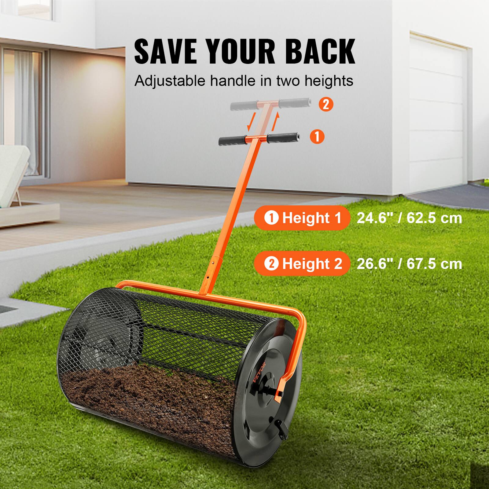 SAVE YOUR BACK  
Adjustable handle in two heights  

1. Height 1  
24.6" / 62.5 cm  

2. Height 2  
26.6" / 67.5 cm  

VAVON