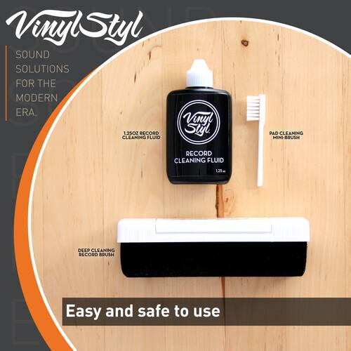 Vinyl Styl  
SOUND SOLUTIONS FOR THE MODERN ERA.

1.25 OZ RECORD CLEANING FLUID  
Vinyl Styl PAD CLEANING MINI-BRUSH  
1.25m DEEP CLEANING RECORD BRUSH  

Easy and safe to use