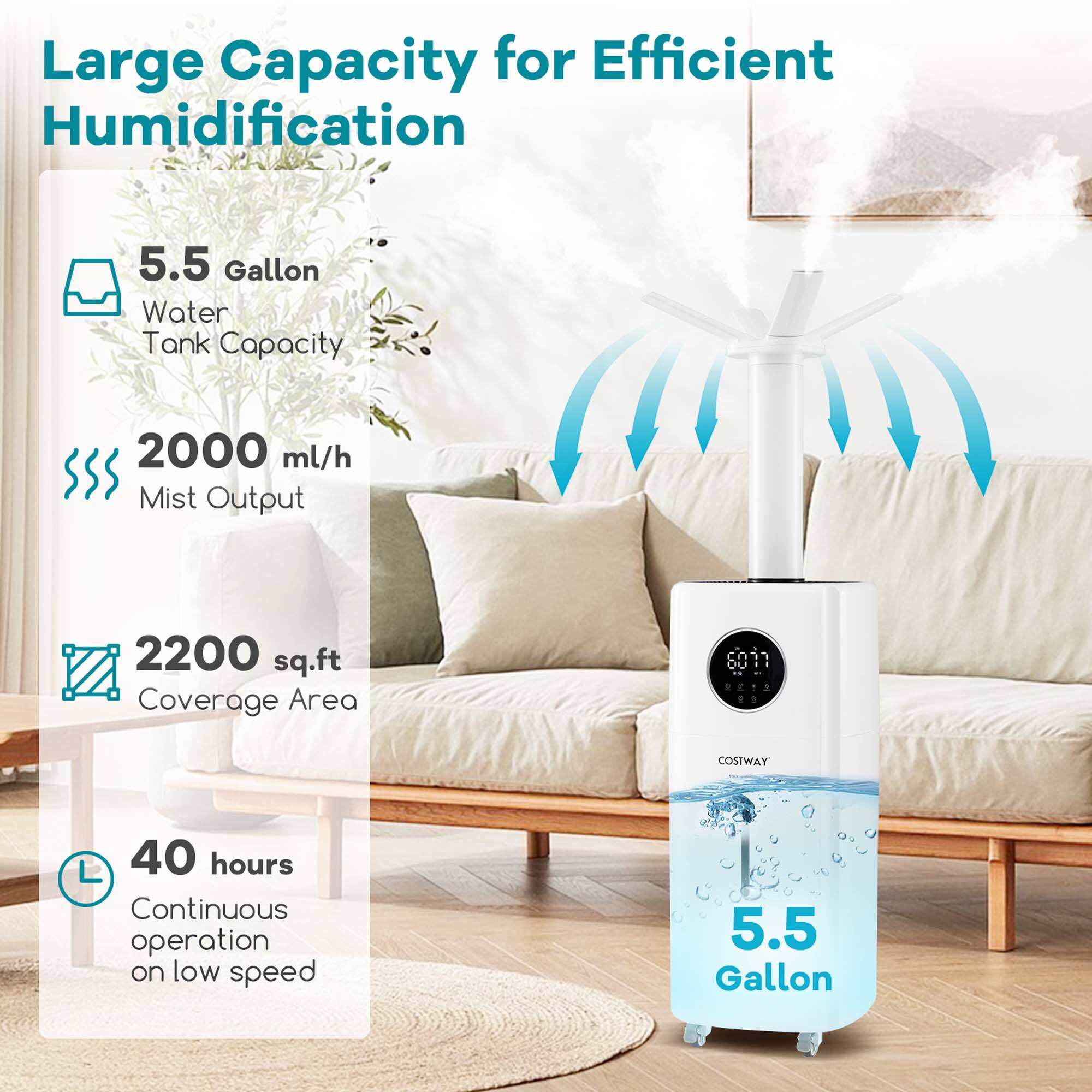 Large Capacity for Efficient Humidification: 5.5 Gallon Water Tank Capacity, 2000 ml/h Mist Output, 2200 sq.ft Coverage Area, 601 COSTWAY, 40 hours Continuous operation on low speed.