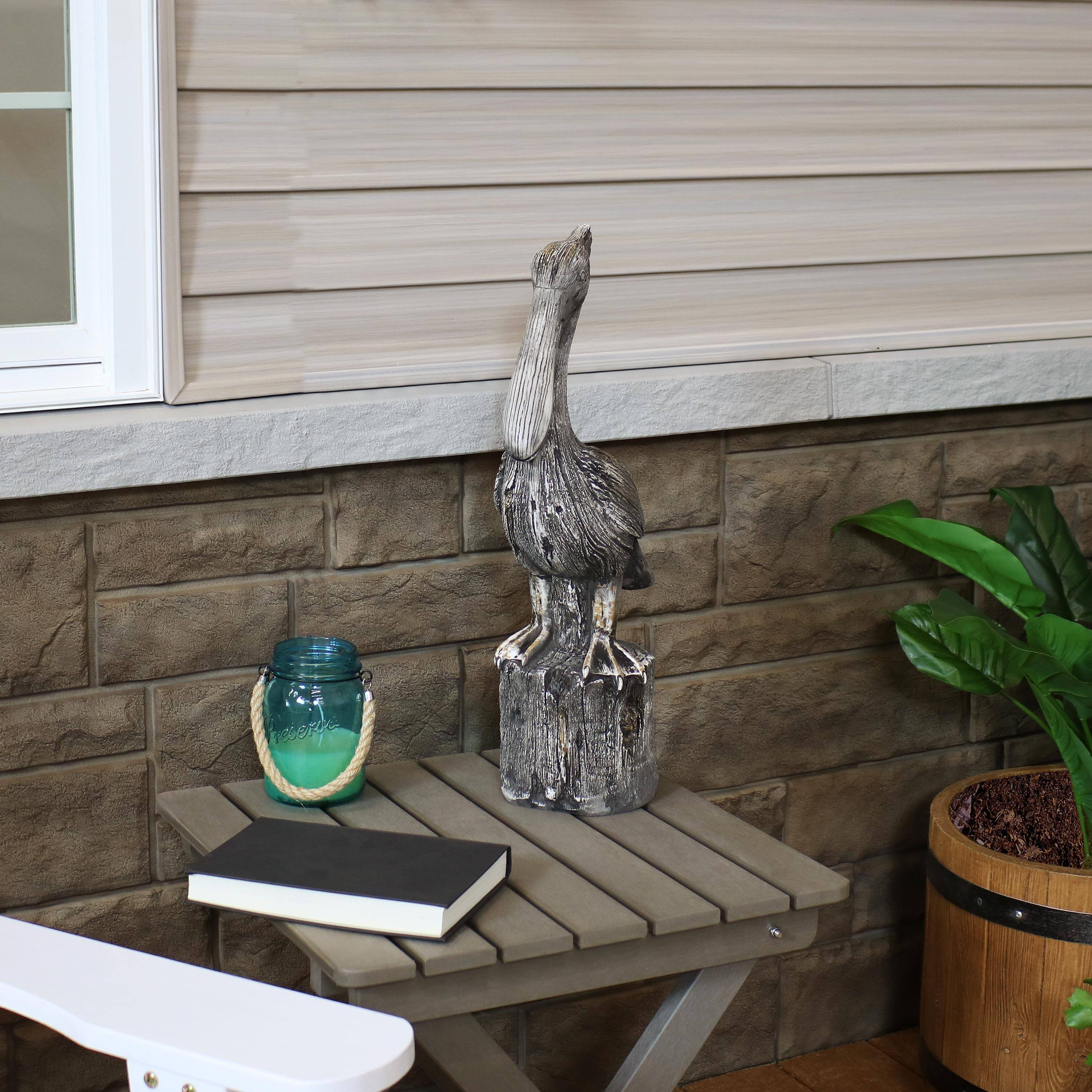 Alt View 3. Sunnydaze - Pelican Perch Outdoor Polystone Garden Statue - 22 in - Grey.
