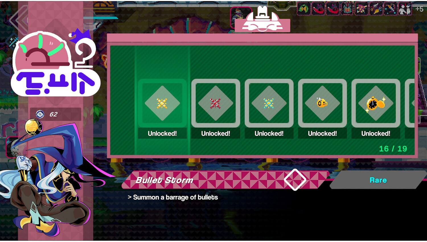 O +5

62
Unlocked!
Unlocked!
Unlocked!
Unlocked!
Unlocked!
16 / 19
Bullet Storm
Rare
Summon a barrage of bullets