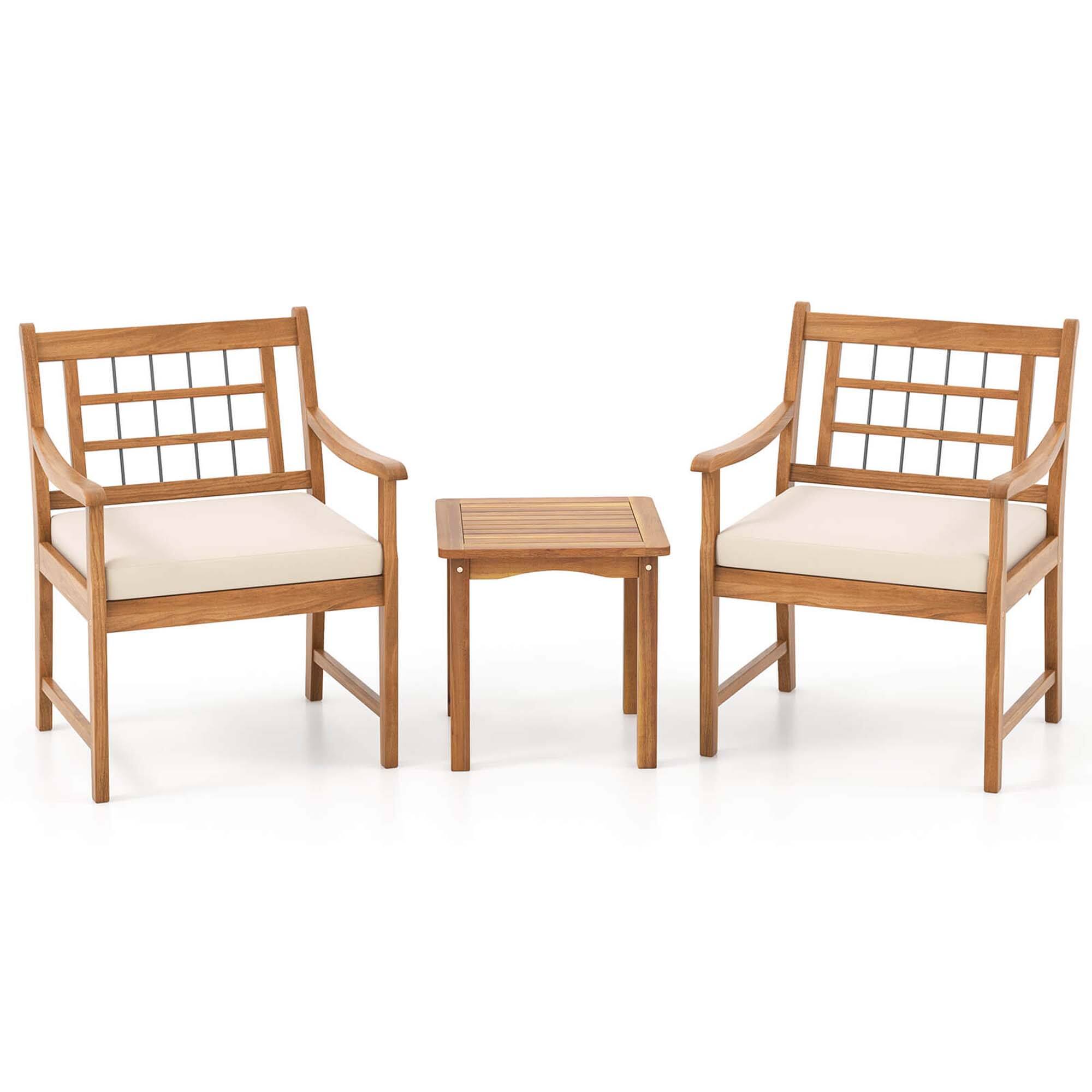 Alt View 9. Costway - 3 Pieces Acacia Wood Patio Bistro Set Outdoor Conversation Set with Cushions - Off White,Natural.