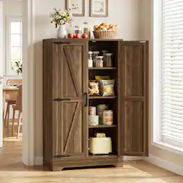 Aheaplus - 43.3'' Tall Small Farmhouse Pantry Cabinet with 3 Adjustable Shelves, 2 Door Pantry for Dining Room. Kitchen - Weathered Brown